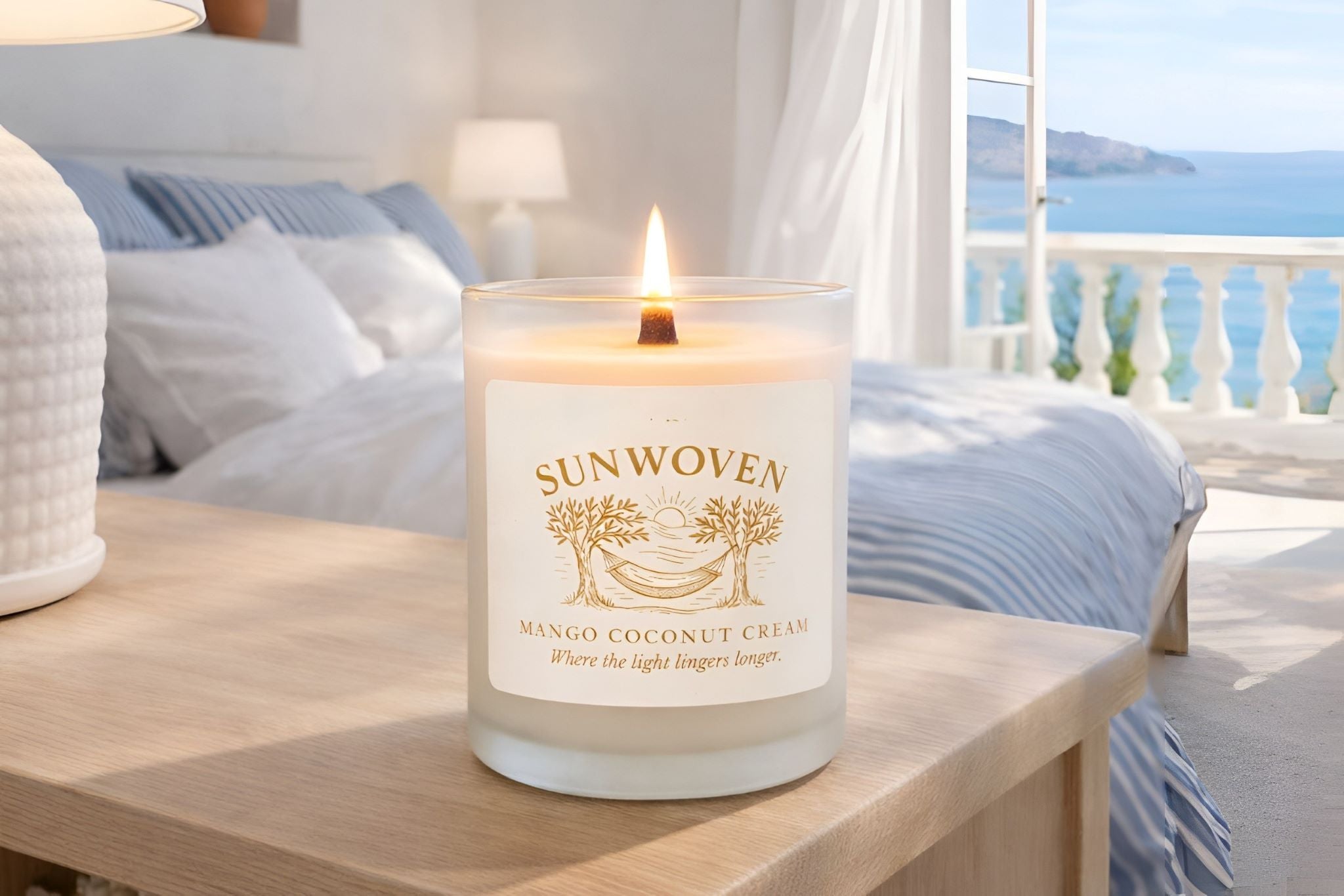 Mediterranean coastal bedroom featuring a mango coconut cream candle with a lit wooden wick.