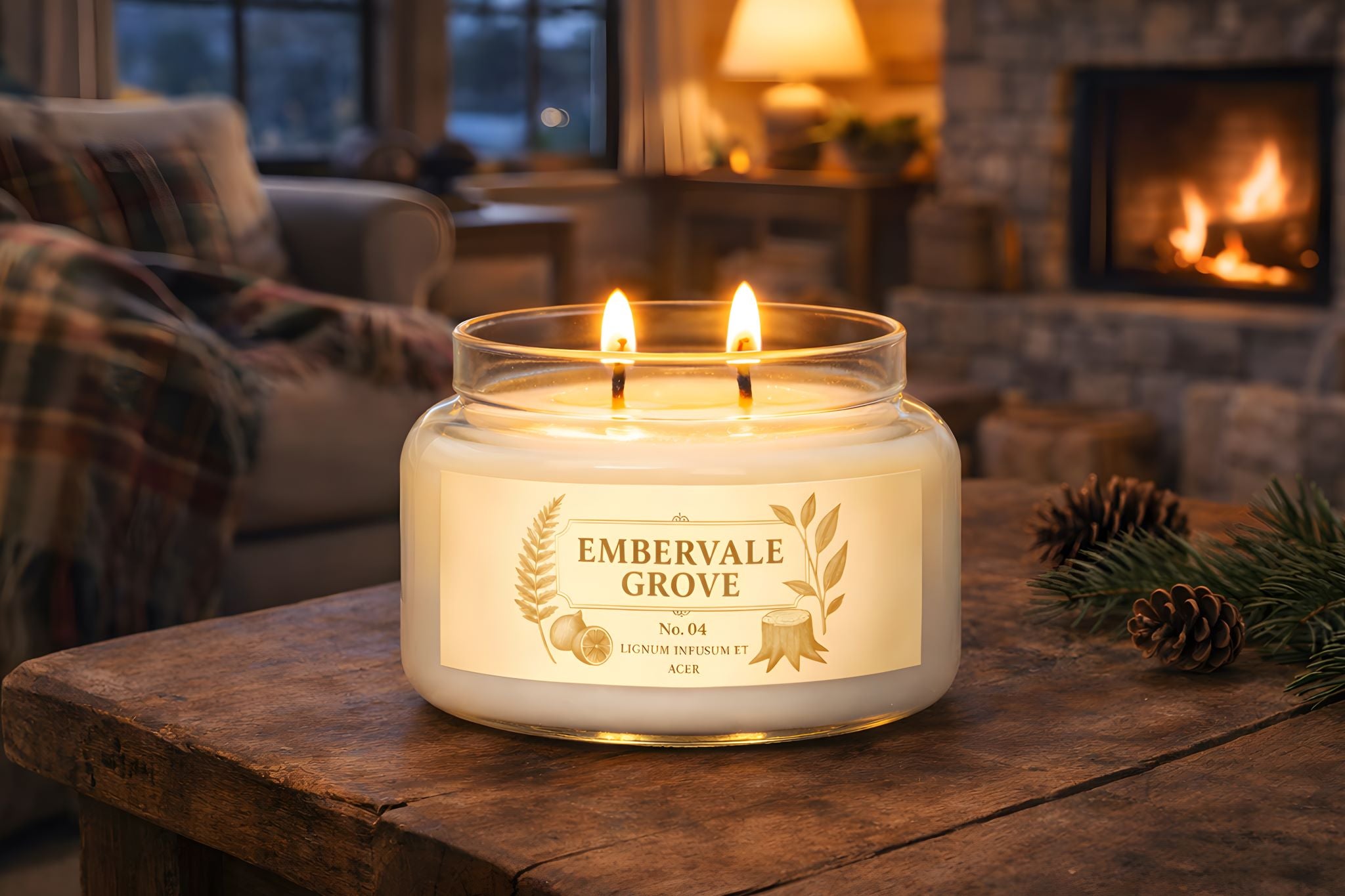 Woody Amber scented candle in a cozy rustic cottage home. 