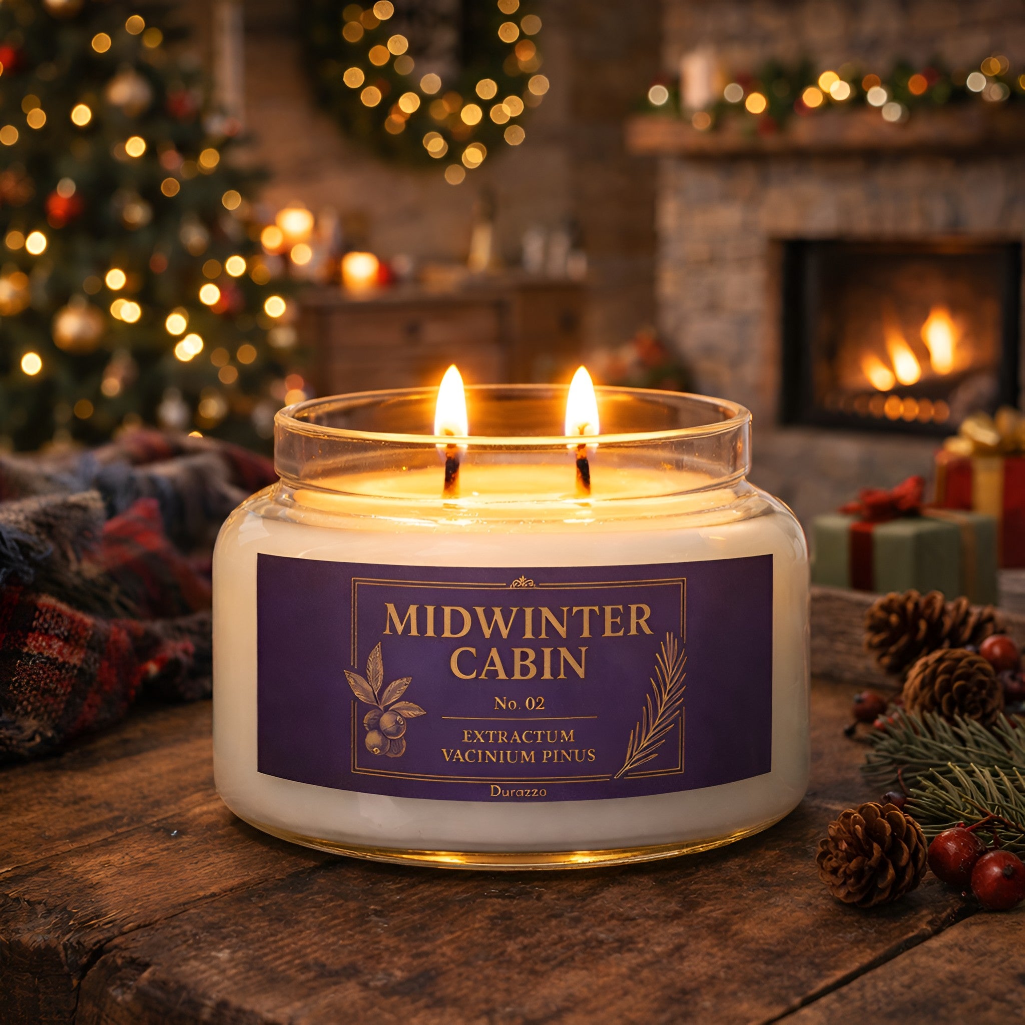 Cranberry Pine scented candle with a label 'Midwinter Cabin' in a festive background featuring a Christmas tree and fireplace.