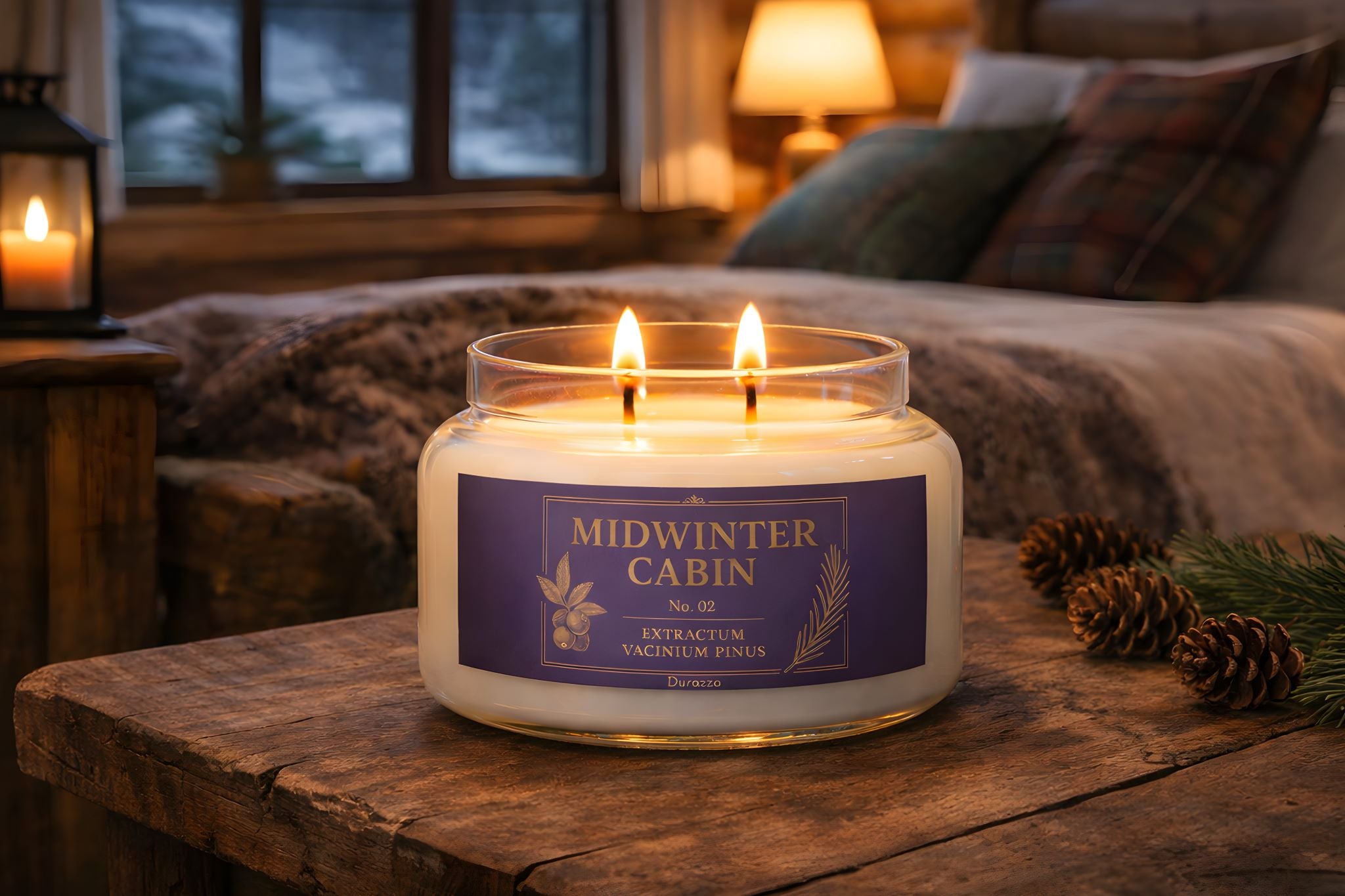 A holiday candle labeled Midwinter cabin in cranberry pine scent.