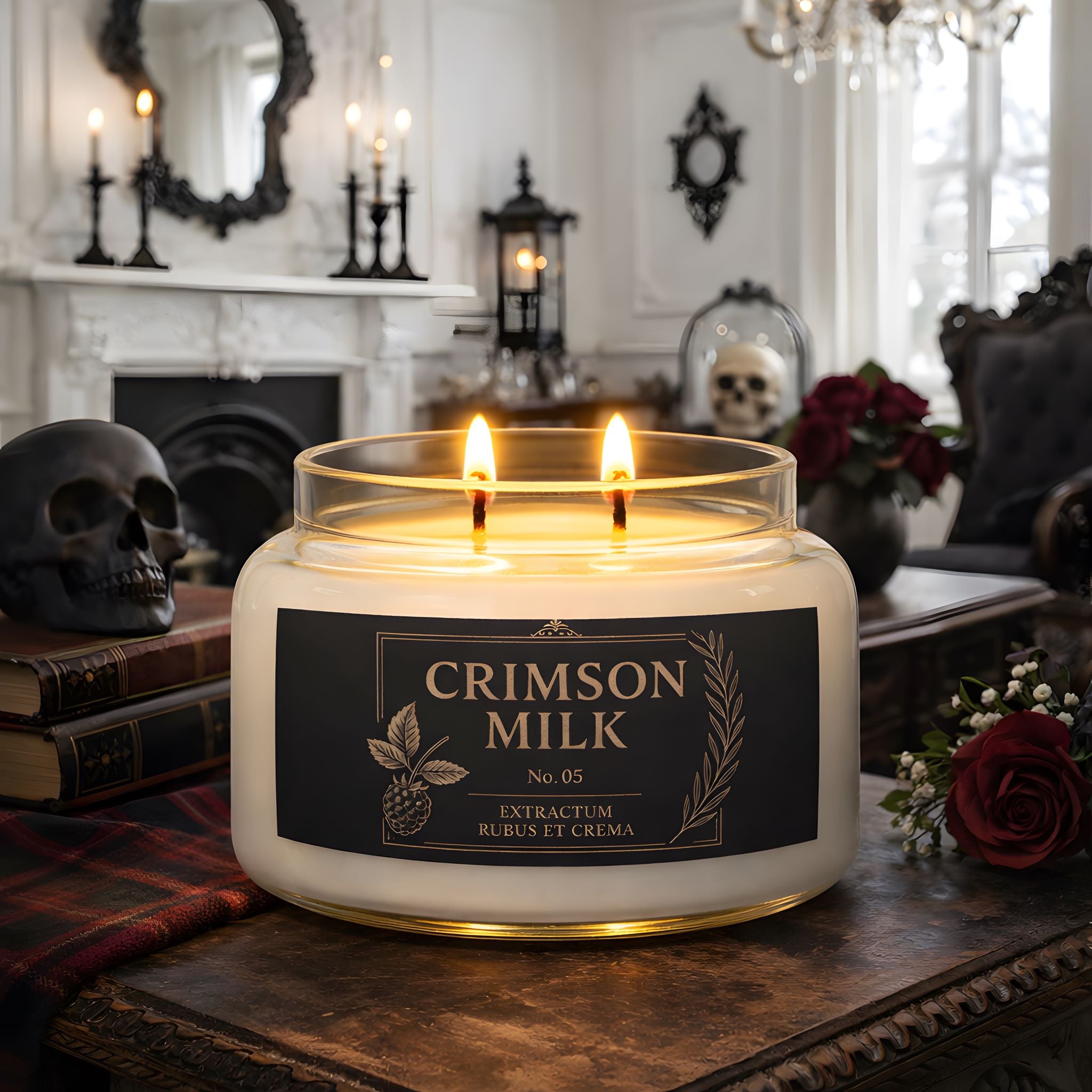 The crimson milk candle with a dark berry scent in a witchy gothic living room.