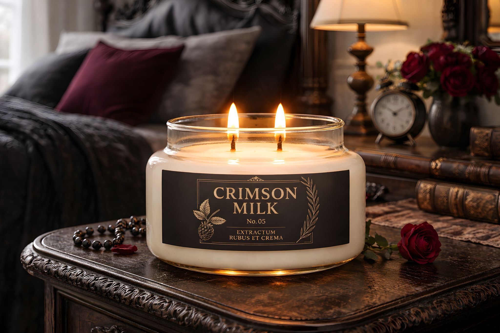 Crimson milk candle with berry scent in a Victorian gothic bedroom setting.