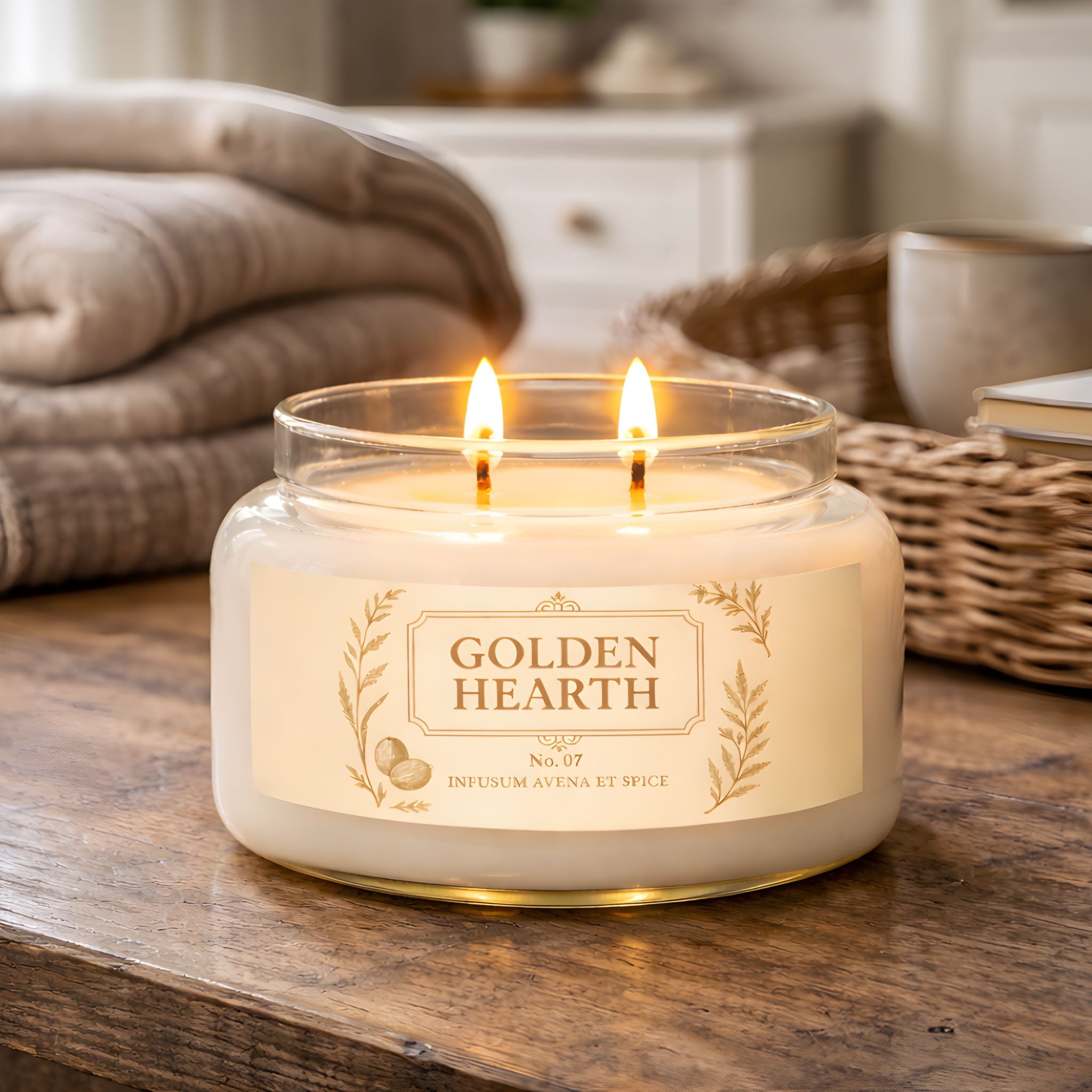 Double wick oat milk and brown sugar scented candle on a wood table in a cottage living room.