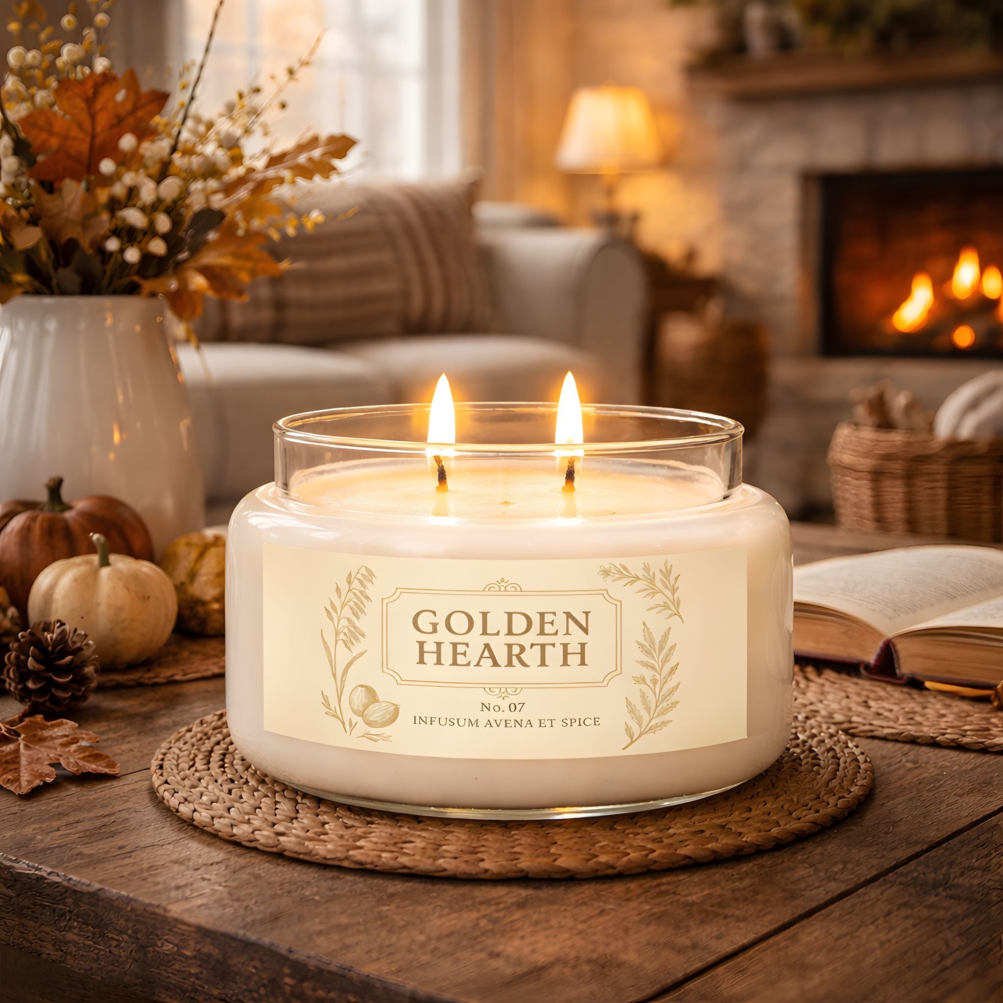 A fall scented candle on a wooden table with a cozy living room background.