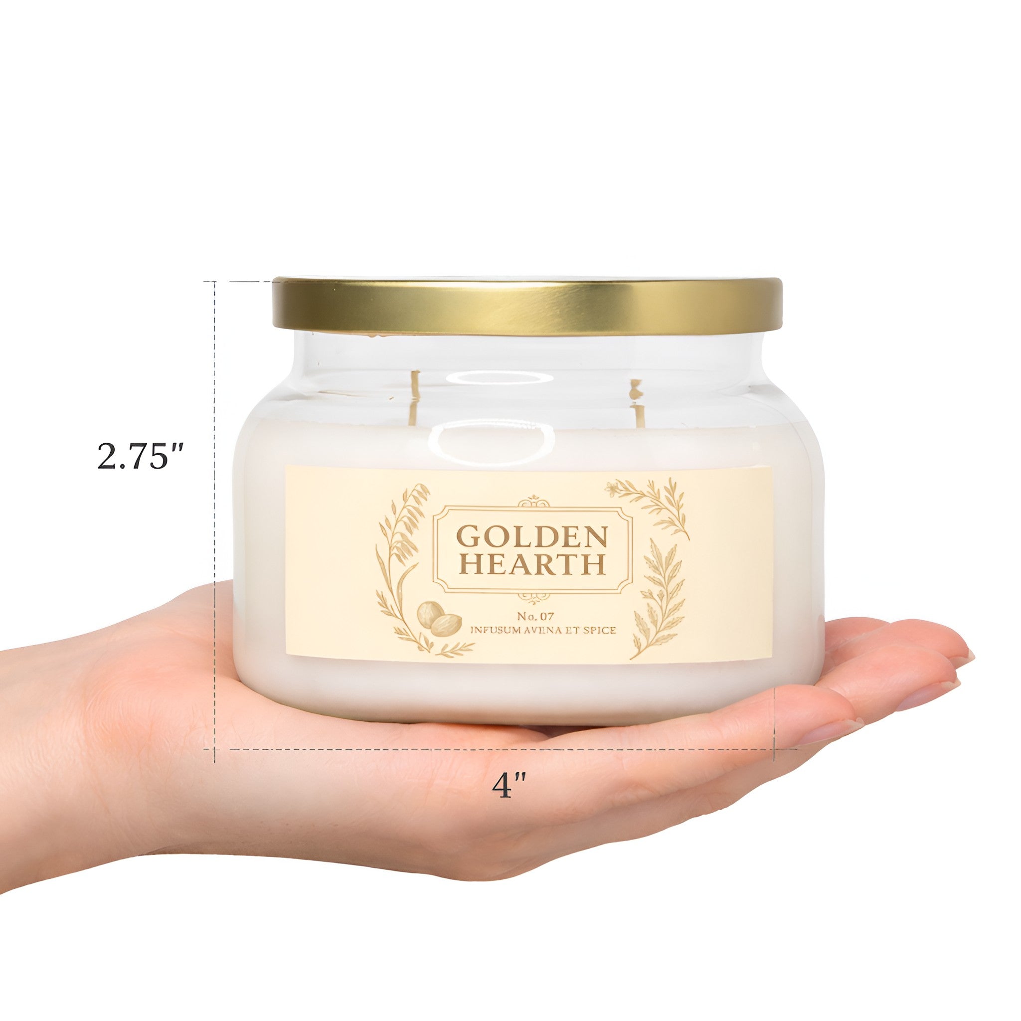 A person's hand holding the Golden Hearth candle showing the actual size.