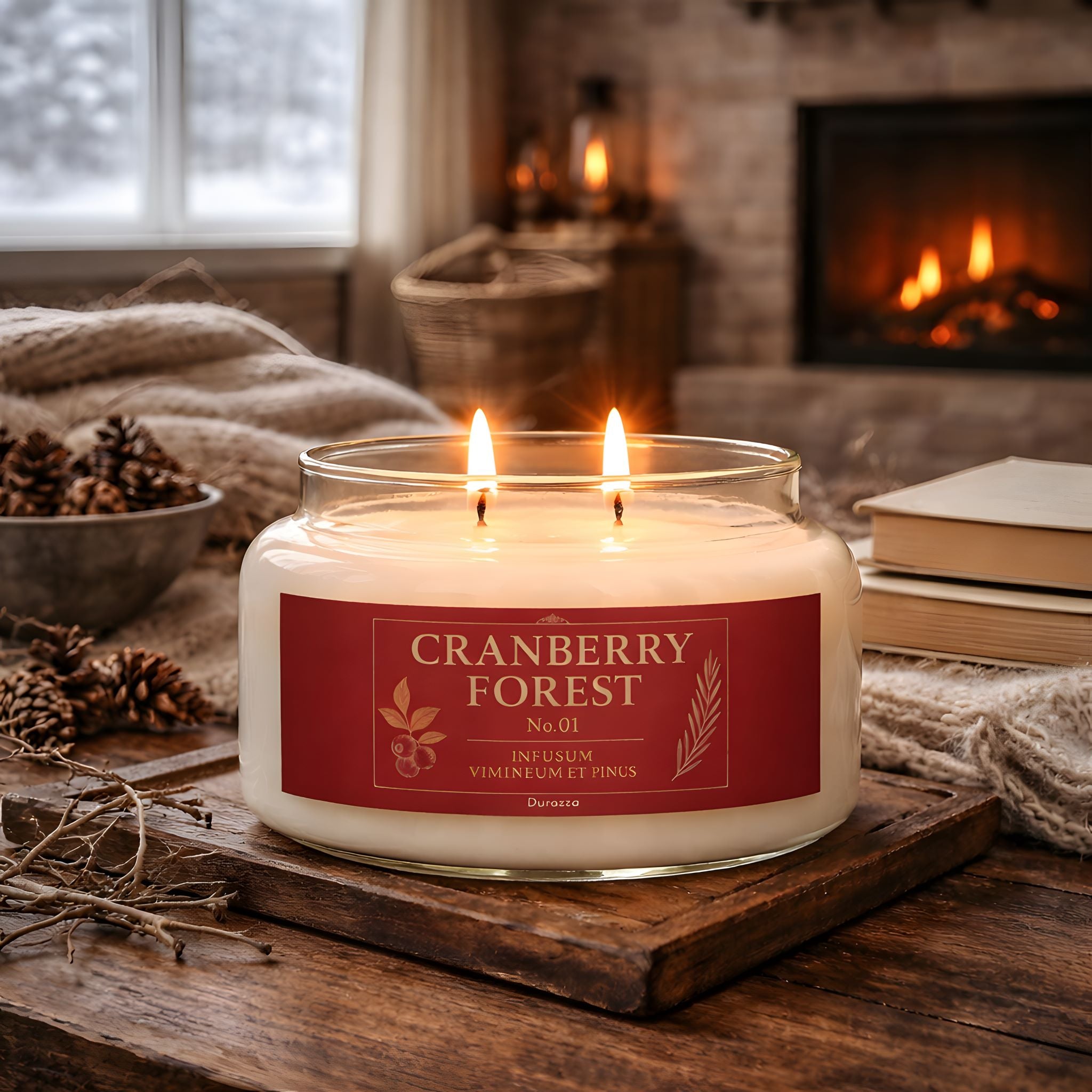 Eco-friendly double wick candle with  a cranberry pine scent in a winter living room.