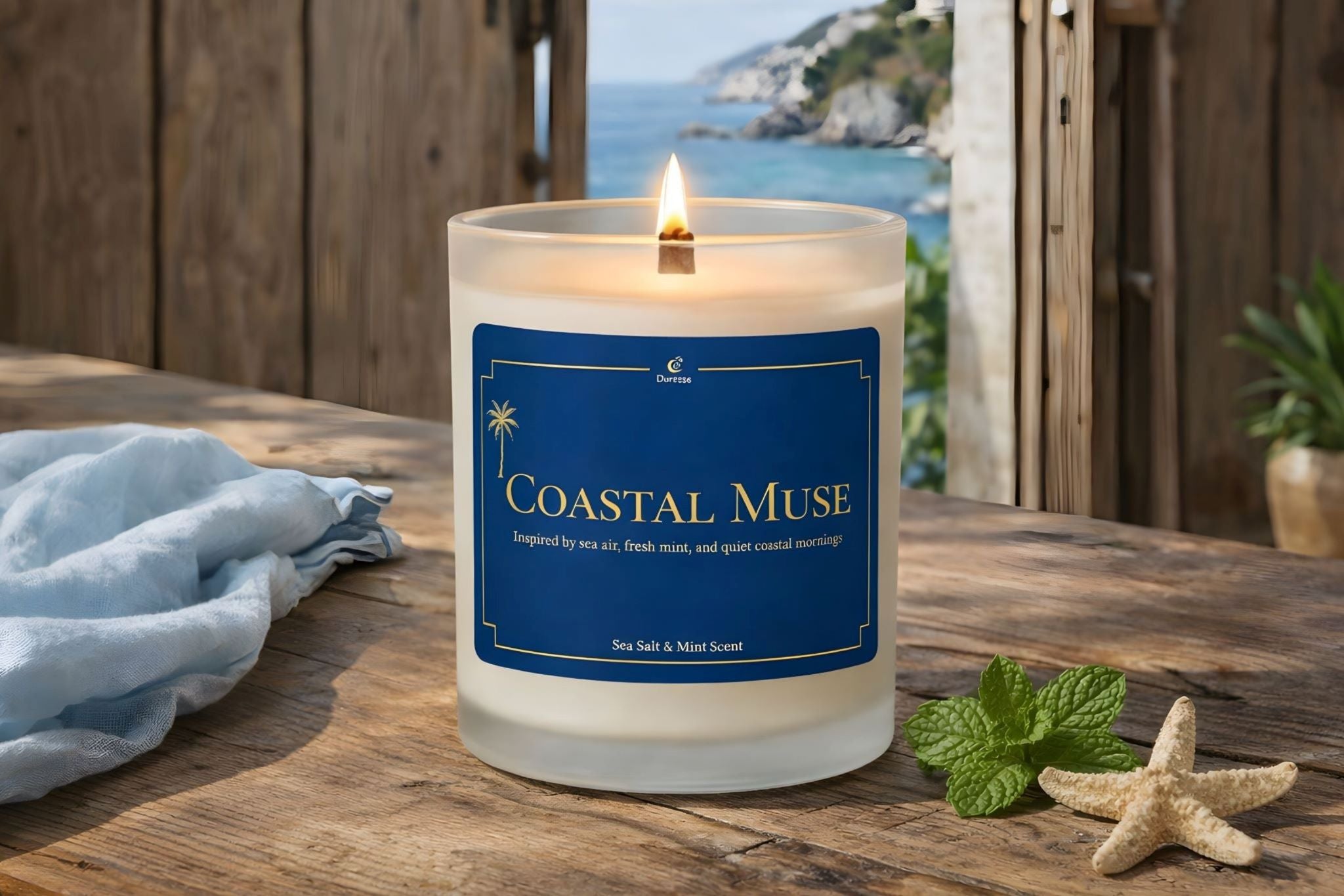 The coastal muse candle in sea salt and mint scent sitting on a driftwood table with the Meditterranean coast behind it.