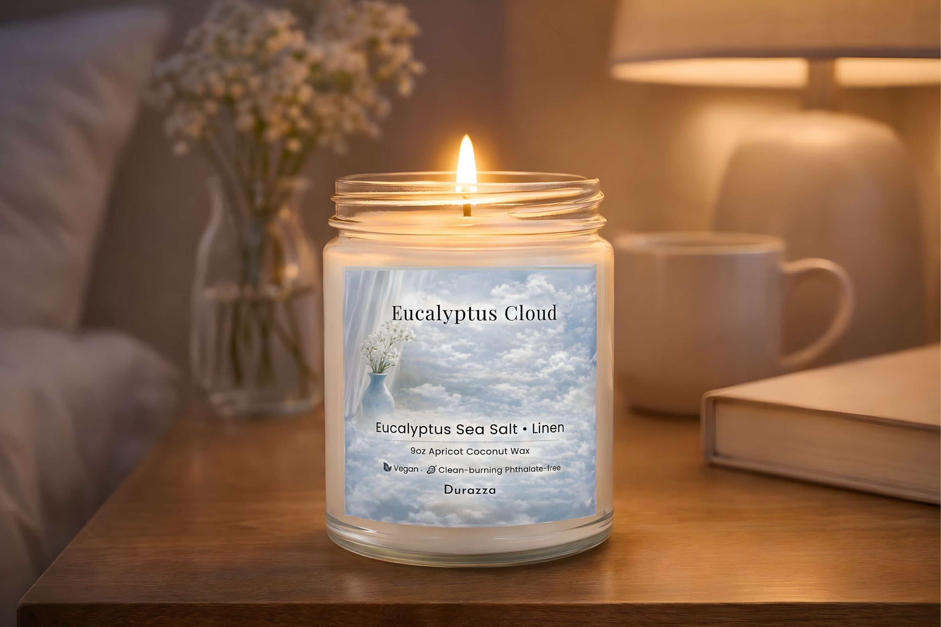 Eucalyptus and sea salt scented candle labeled 'Eucalyptus Cloud' on a table with cottage home decor.