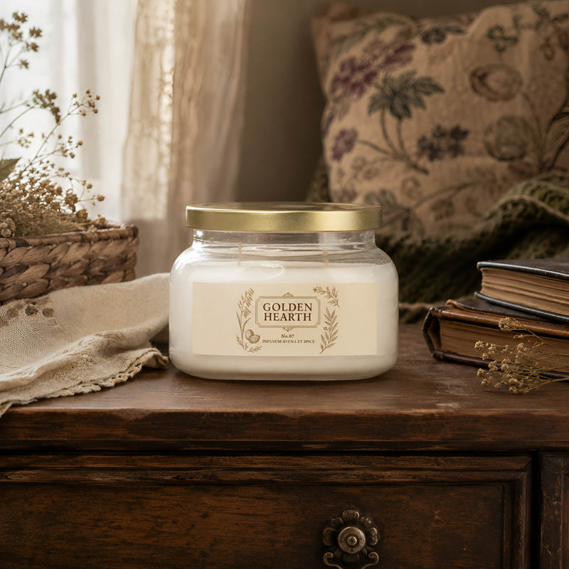 Candle collection with a white jar candle and gold lid styled on aged wood with books, dried botanicals, and cozy decor.