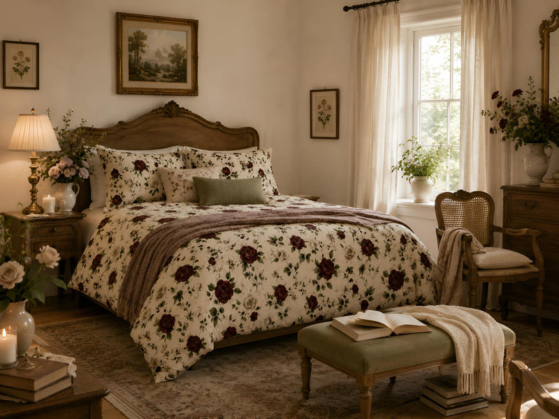Chateau vintage bedroom with romantic floral bedding, rose print pillows, garden artwork, antique wood furniture, and softly collected old-world decor.