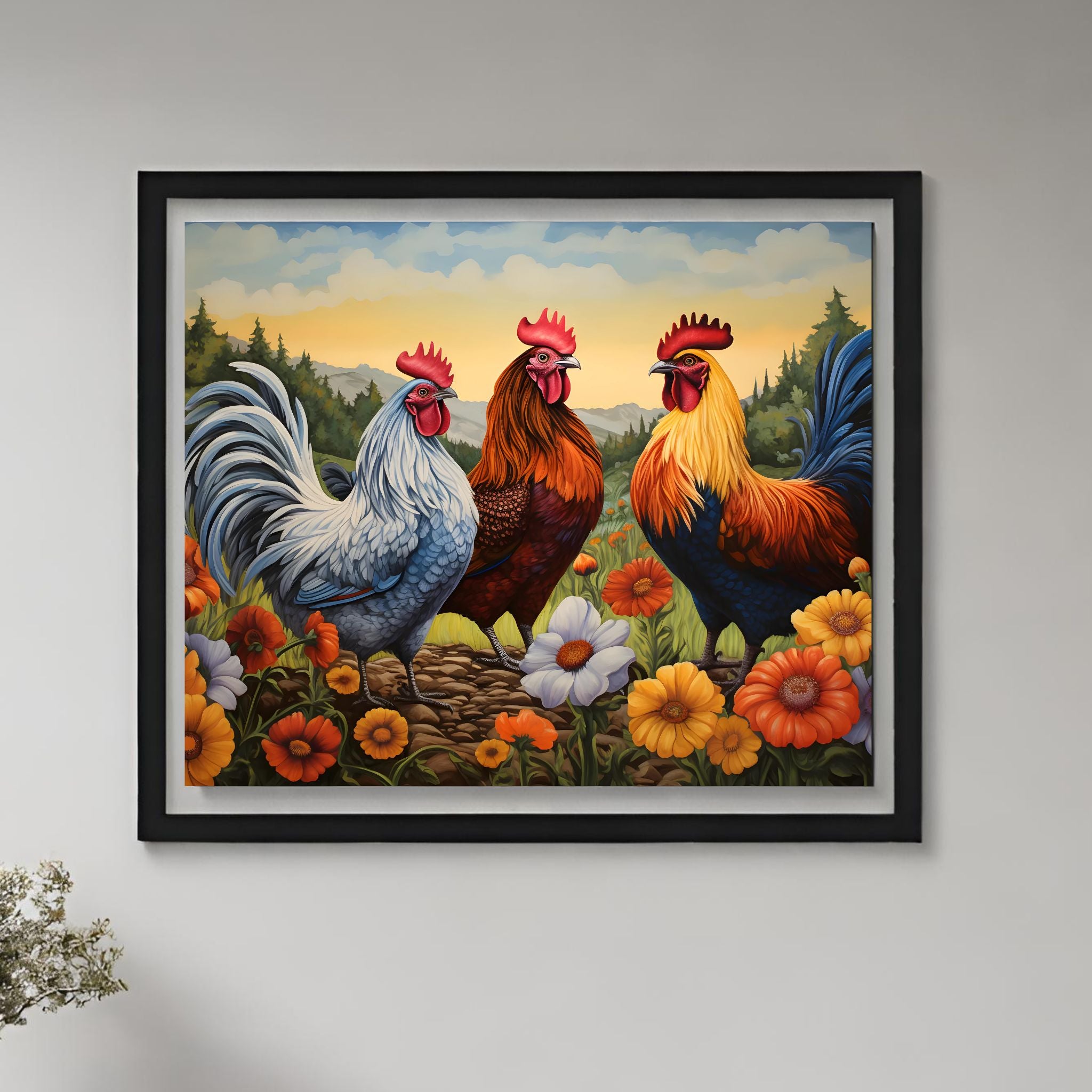 Cheerful Chicken Trio Wall Art Print