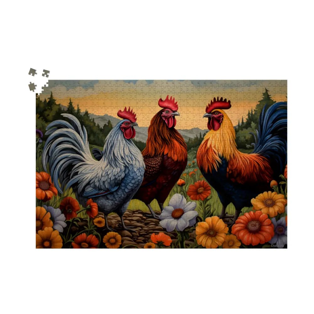 Cheerful Chicken Trio Wooden Jigsaw Puzzle: 500 or 1000 Piece