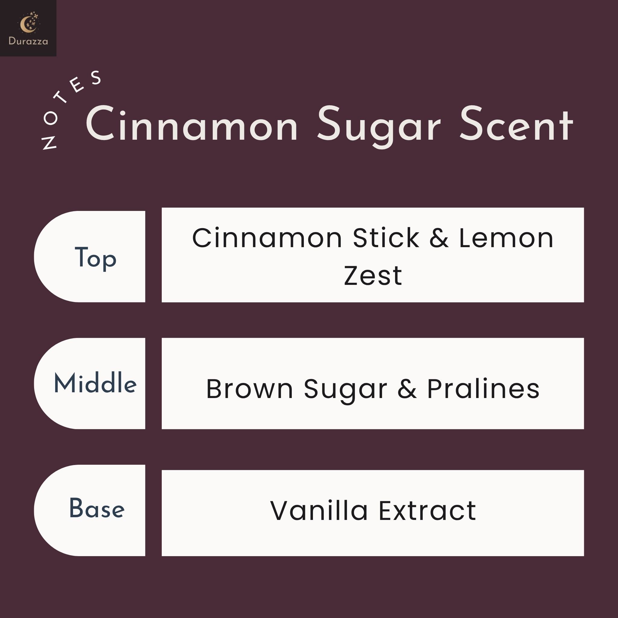 Durazza's Cinnamon and sugar scent notes for their 13.75 ounce candle.