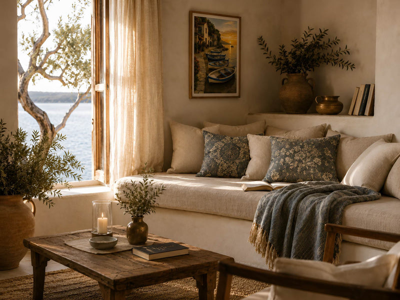 Coastal Mediterranean sitting nook with sunwashed linen, olive greenery, muted blue pillows, warm plaster walls, and relaxed seaside-inspired decor.