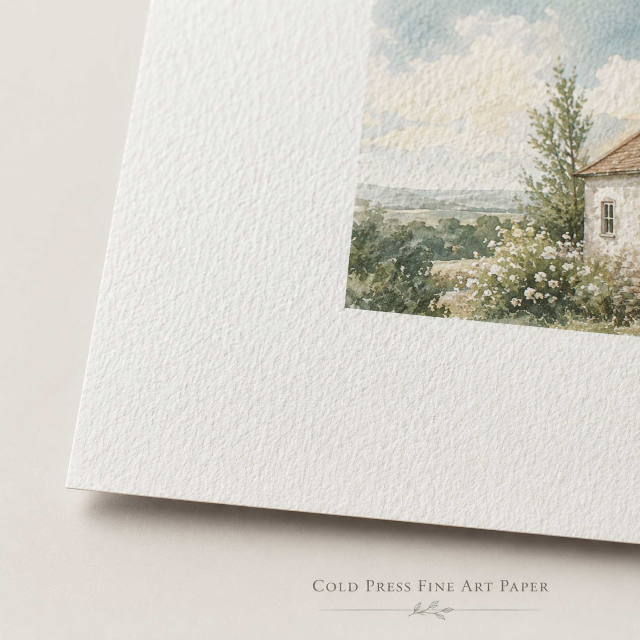 Cold Press fine art paper close-up showing textured cotton paper with soft cottage artwork.