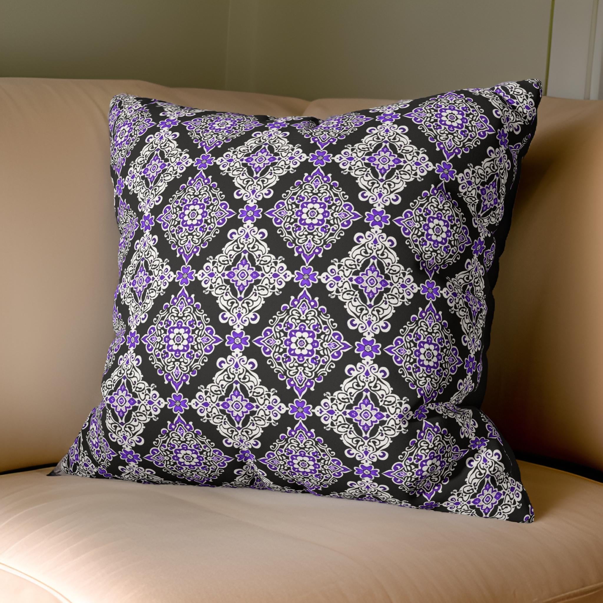 Purple and White Damask Faux Suede Throw Pillow: Midnight Majesty