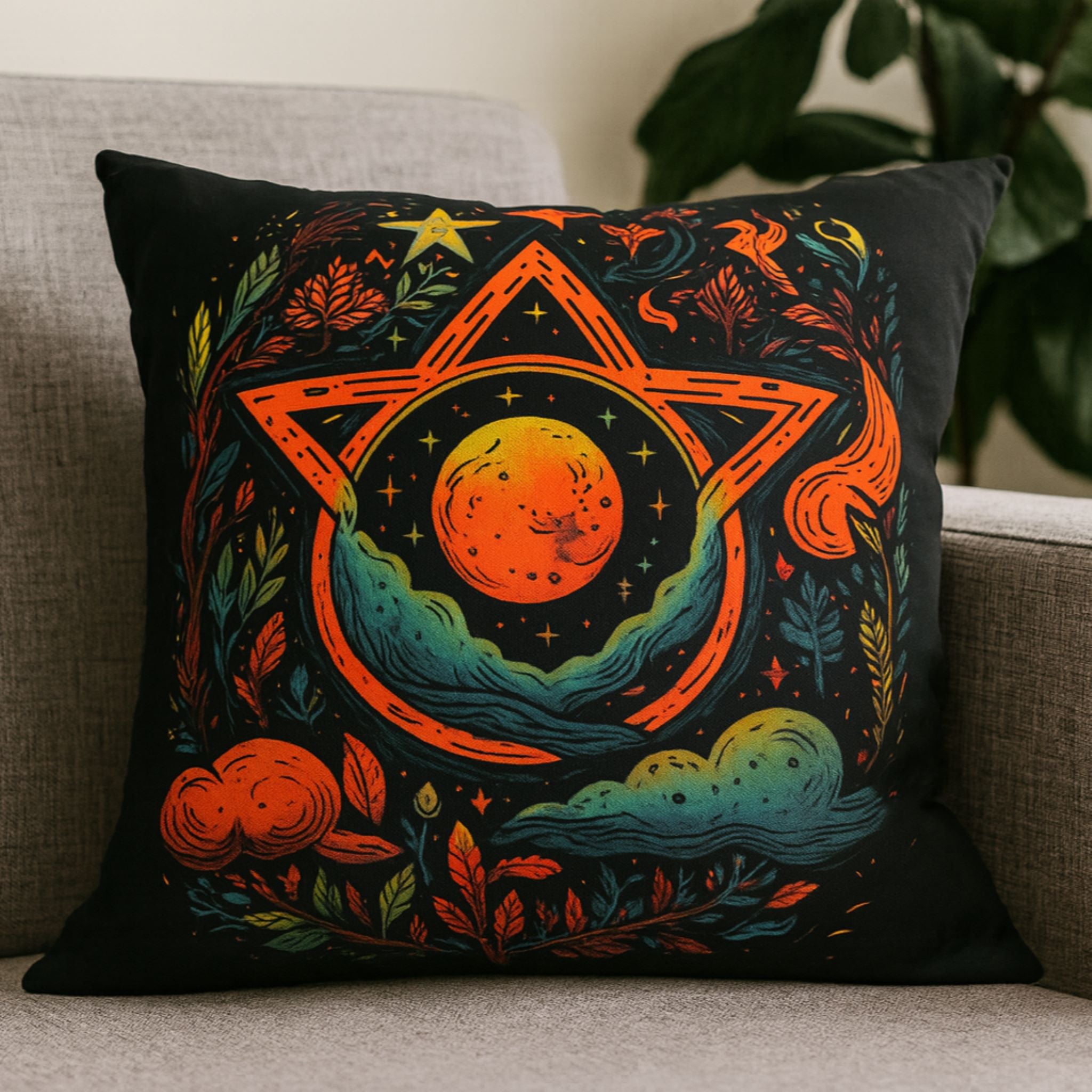 Decorative pillow with a pentagram and celestial design on a couch