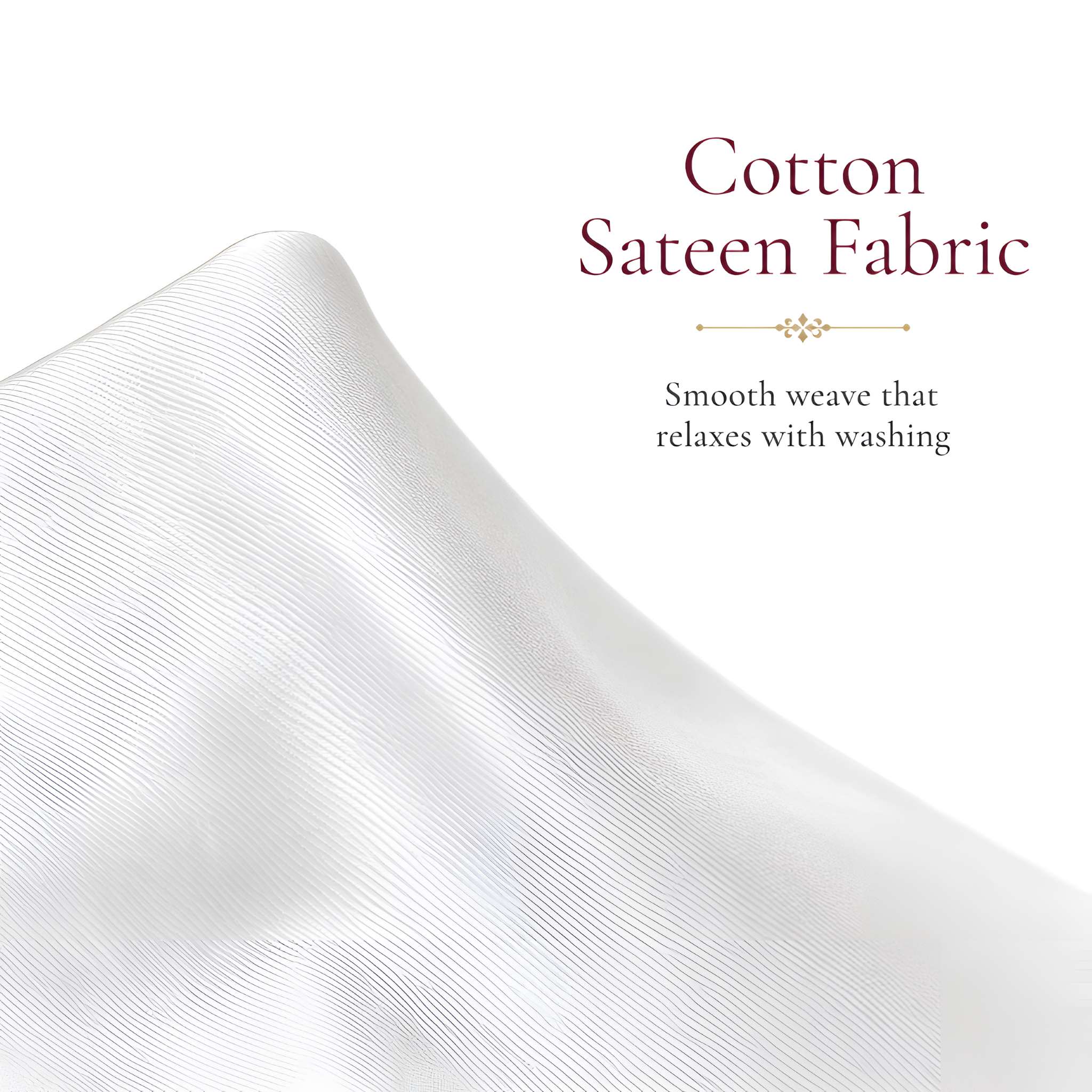 Cotton sateen fabric guide showing 100% cotton, 200 thread count, reactive inks, and OEKO-TEX certification