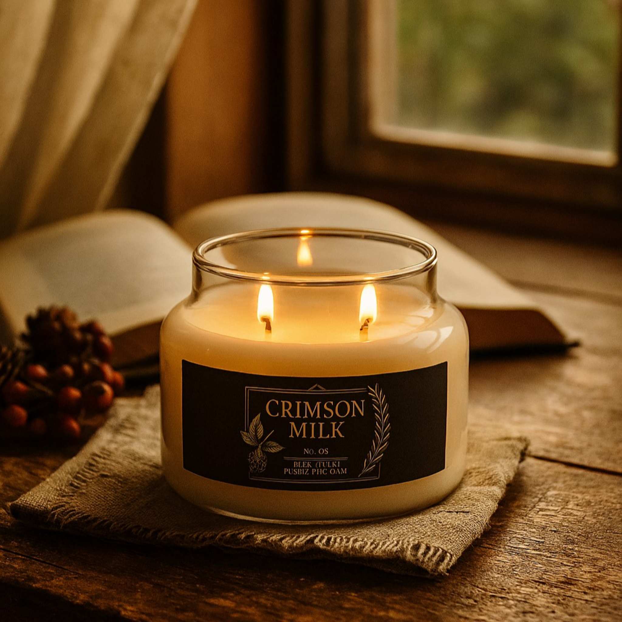 Candle labeled 'Crimson Milk' on a wooden surface with a book and pinecones in the background.