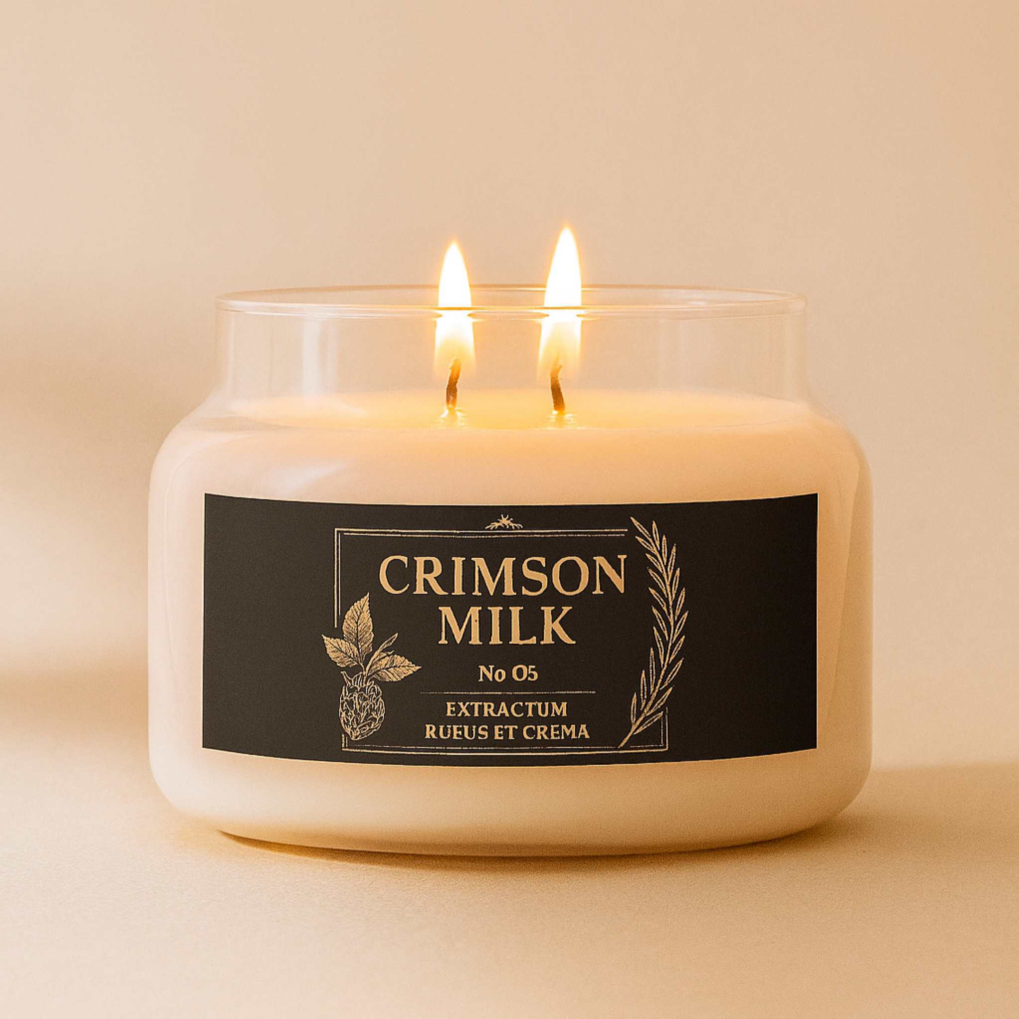 Candle labeled 'Crimson Milk' with a beige background
