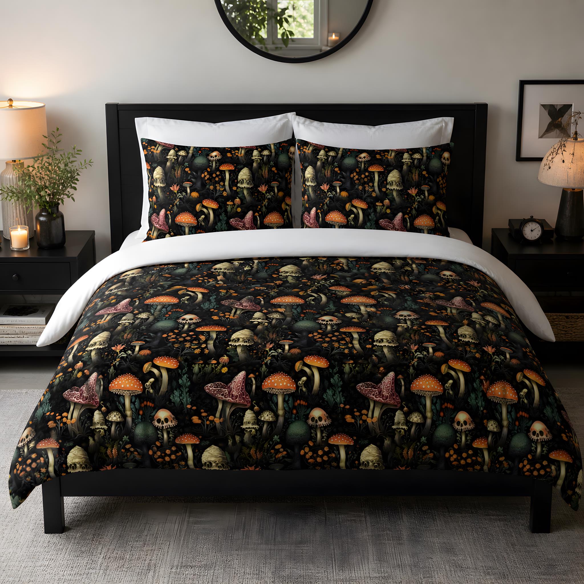 Dark mushroom bedding with orange fungi, mossy leaves, and gothic cottage style