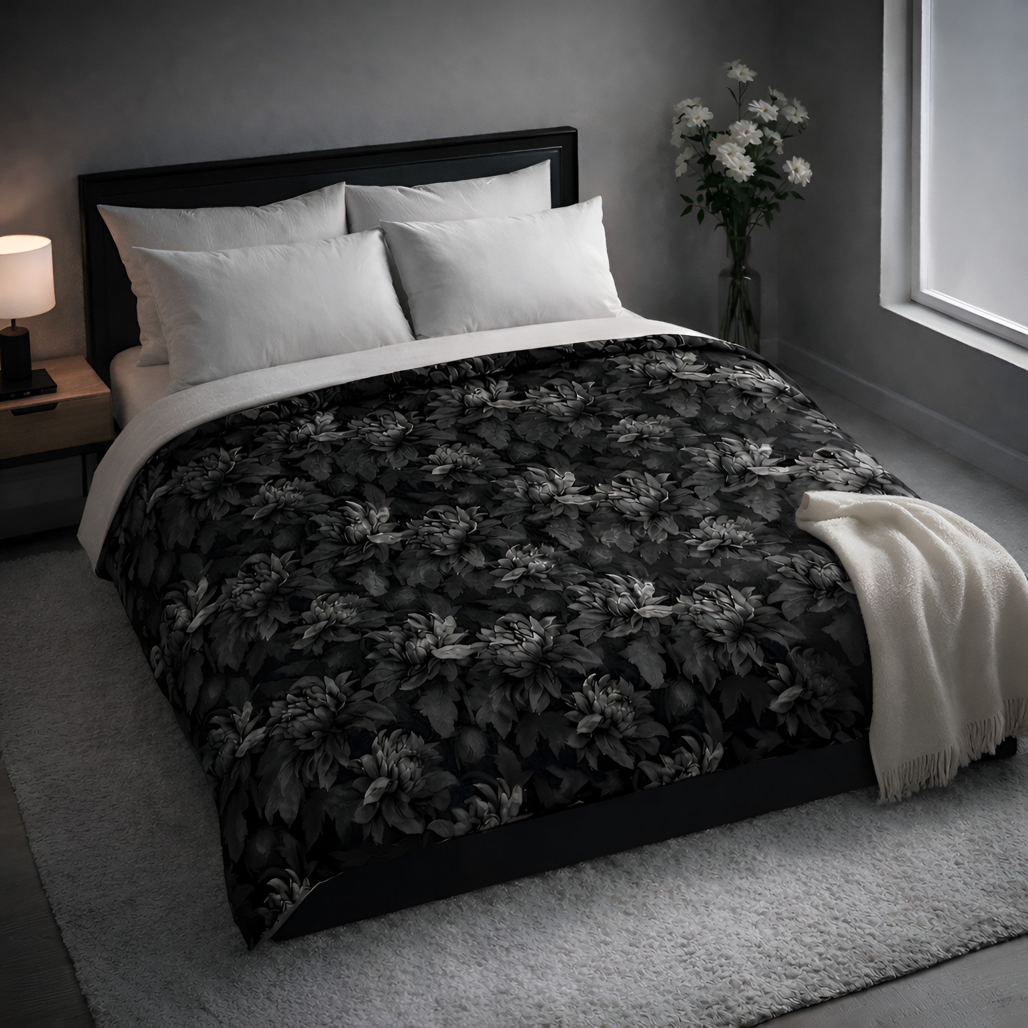 Black Floral Duvet Cover Queen/King | Midnight Dahlia - Durazza