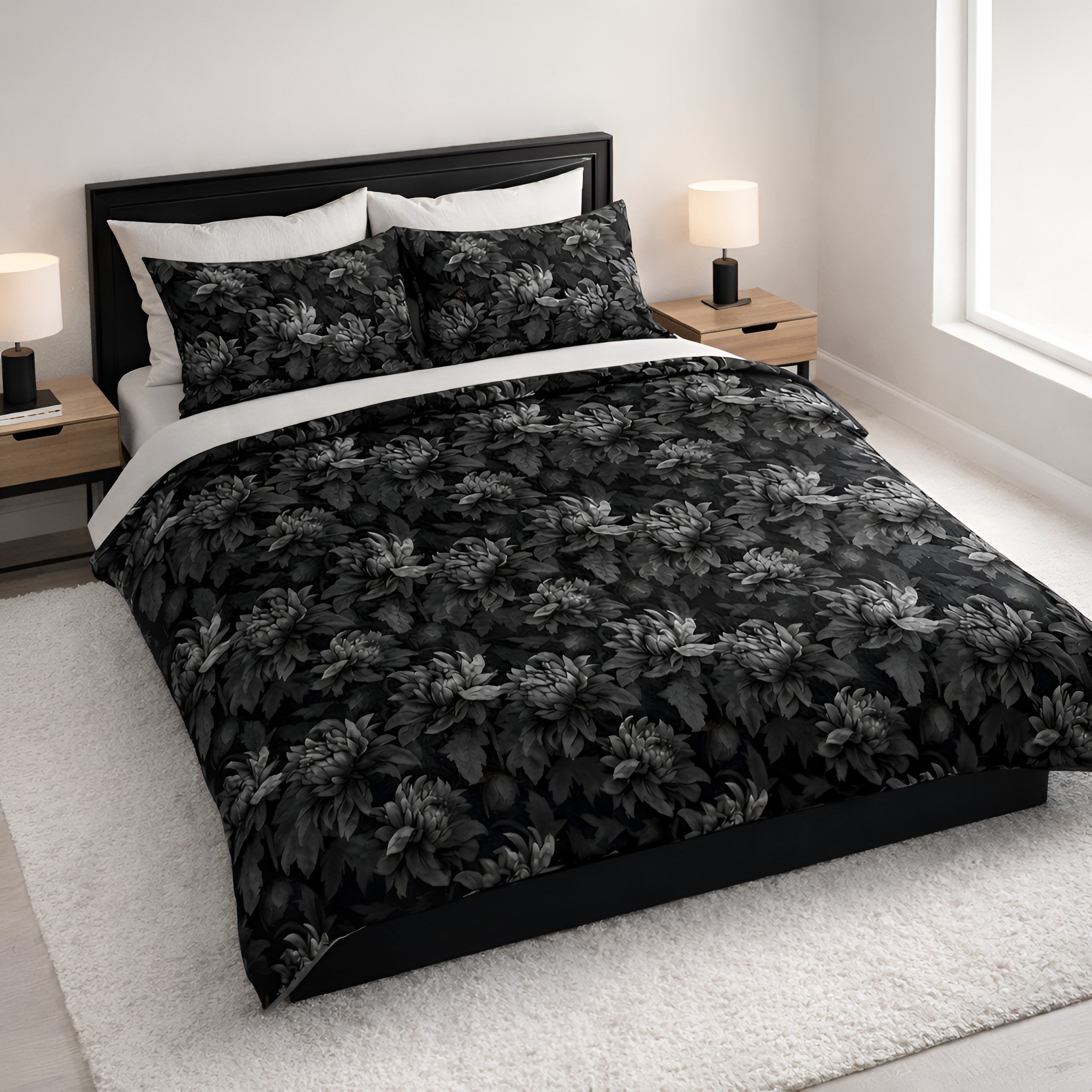 Black Floral Pillow Sham Standard/King | Midnight Dahlia - Durazza