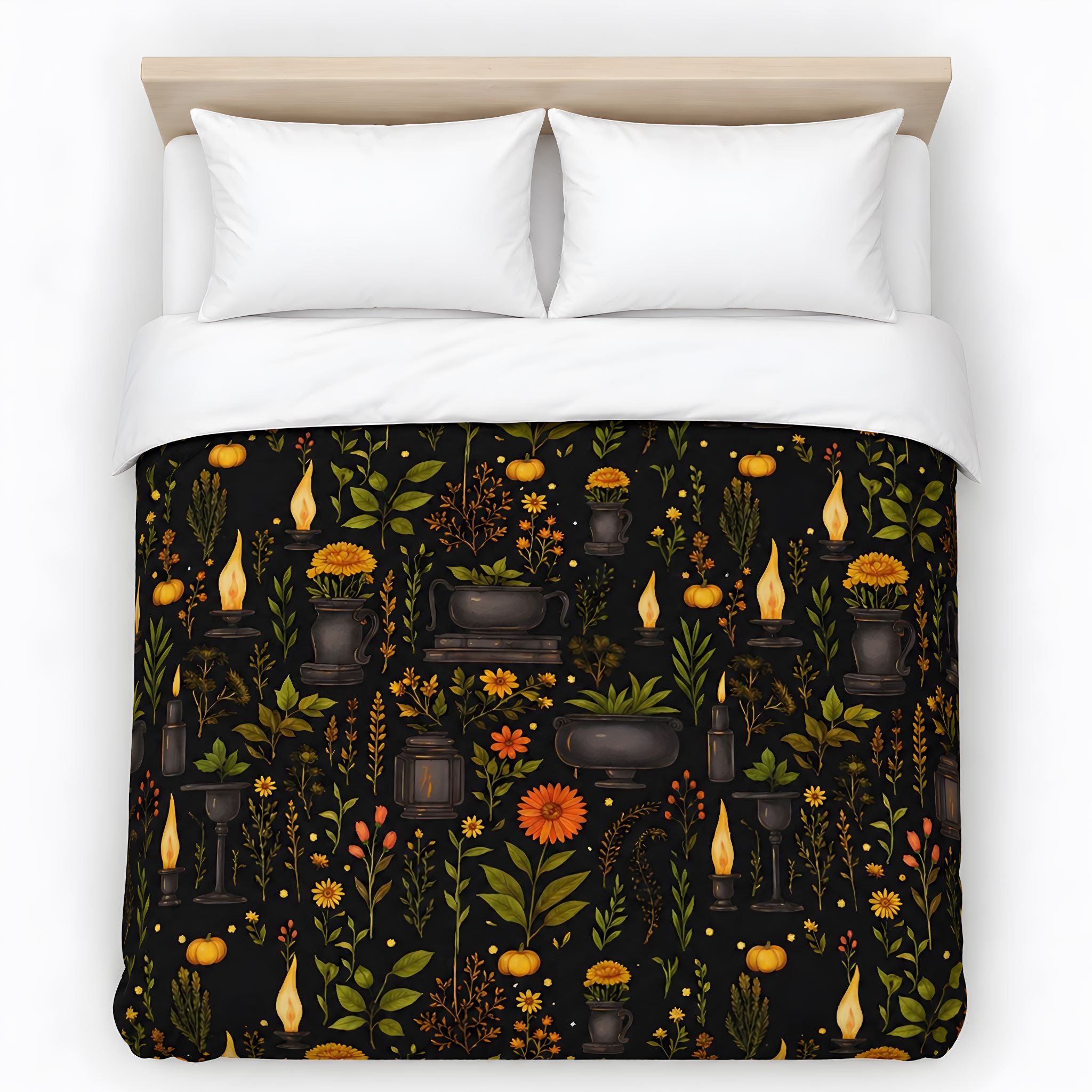 Whimsigoth bedding with a candle and apothecary jars on a cotton sateen duvet cover.