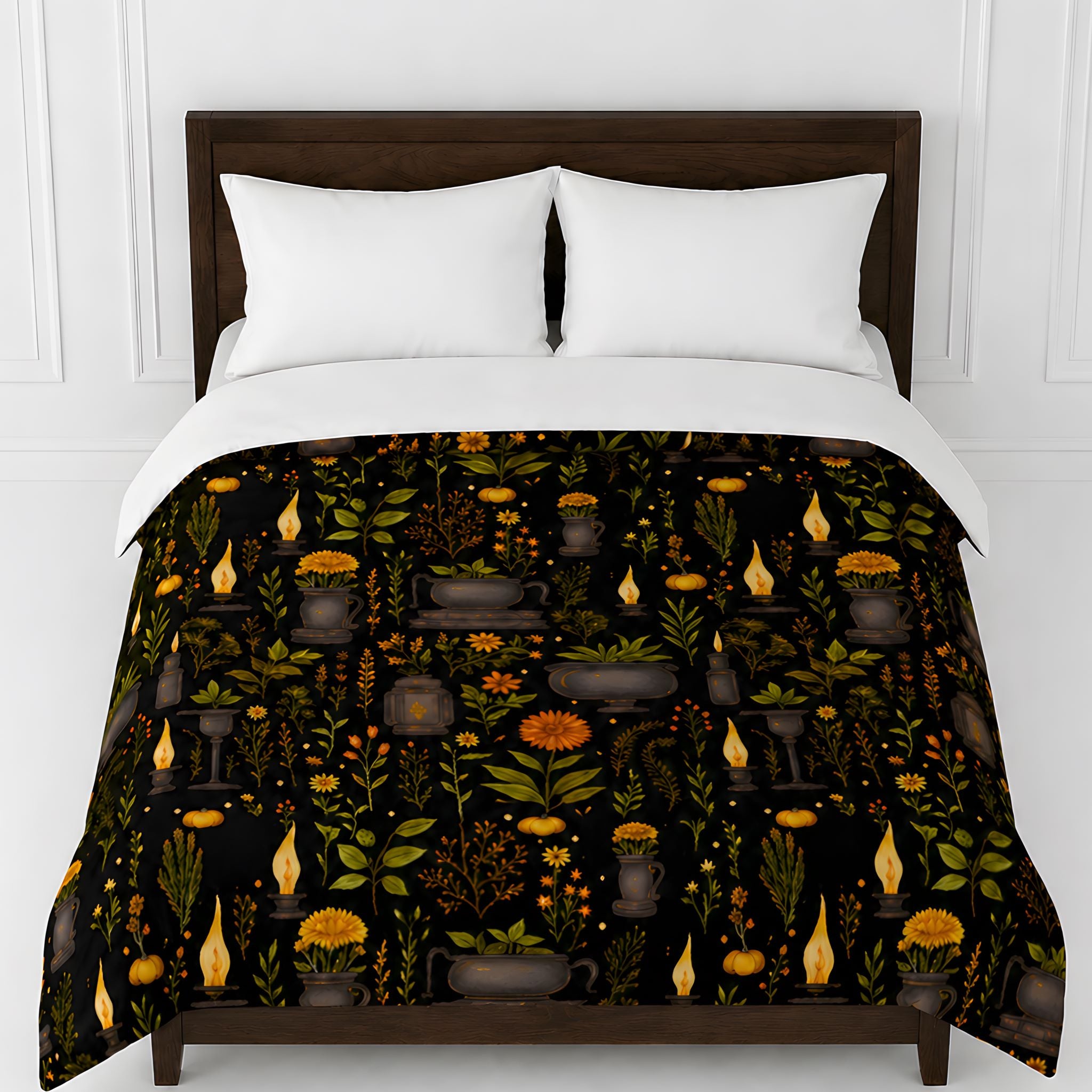 A witchy bedroom featuring whimsigoth bedding with candles and herbs.