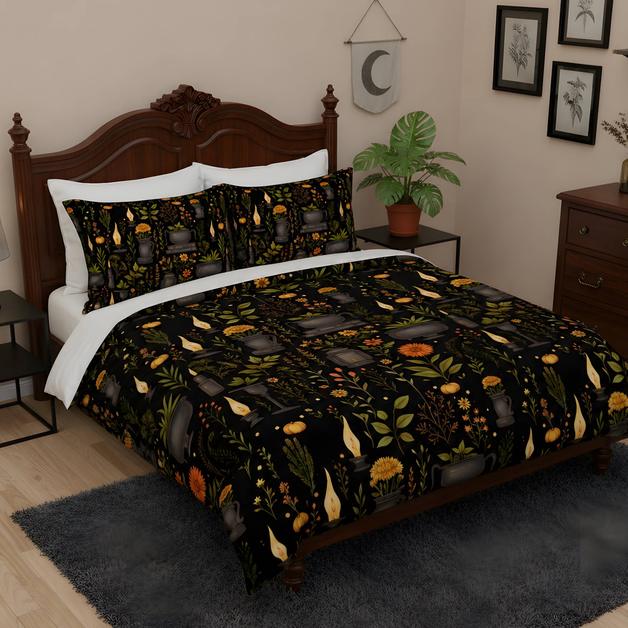Whimsigoth bedding with candles and herbs on a cotton duvet cover with matching pillow shams.