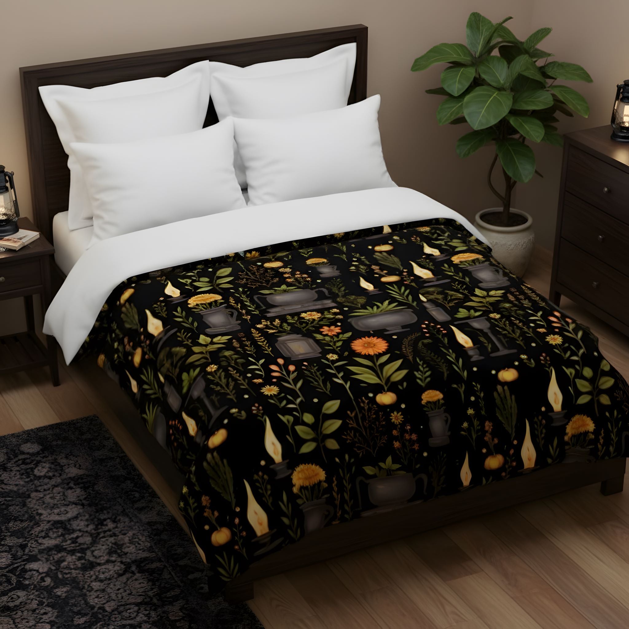 Whimsigoth bedding with herbs and candles on a cozy cotton duvet cover.