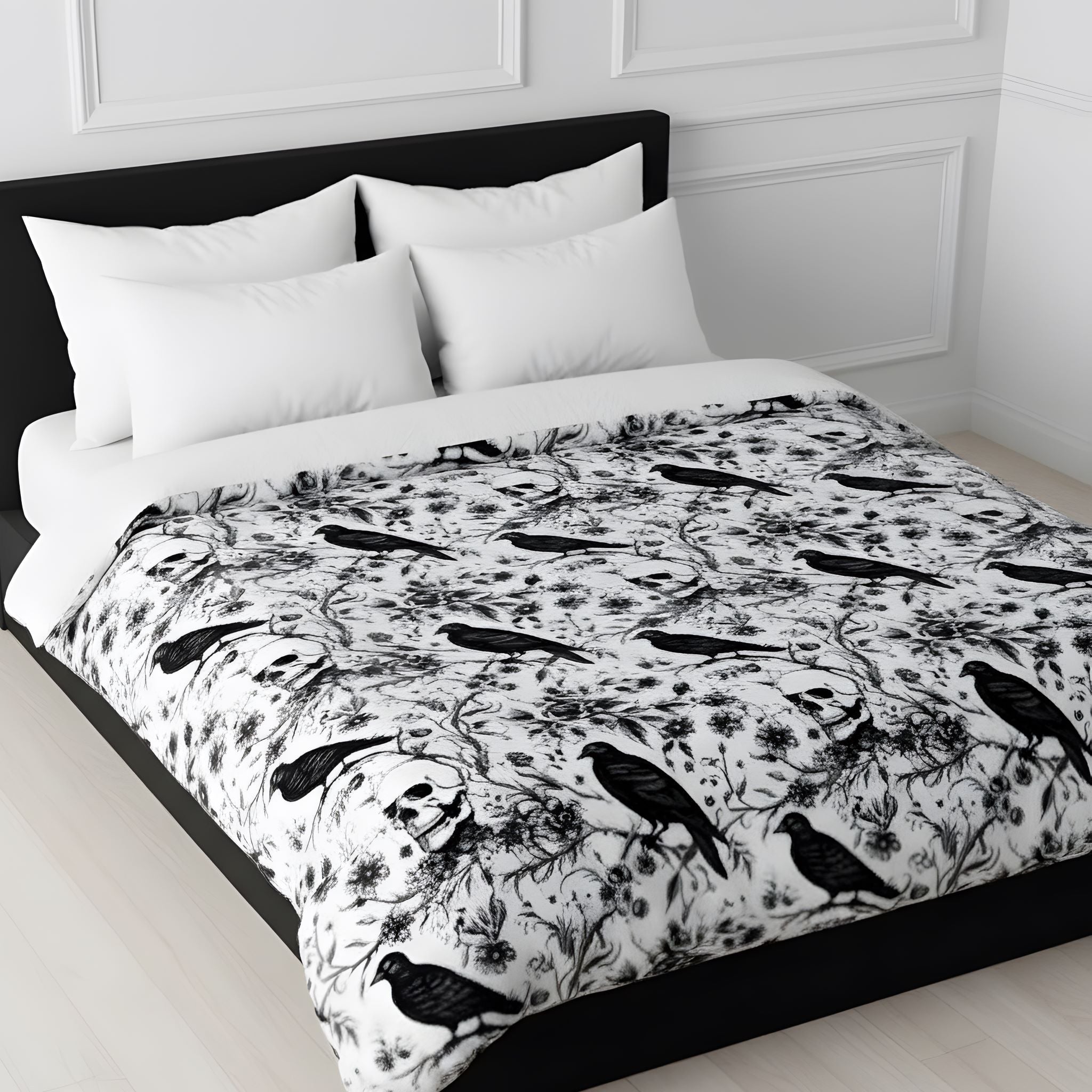 Black and white bedding with ravens and skulls.