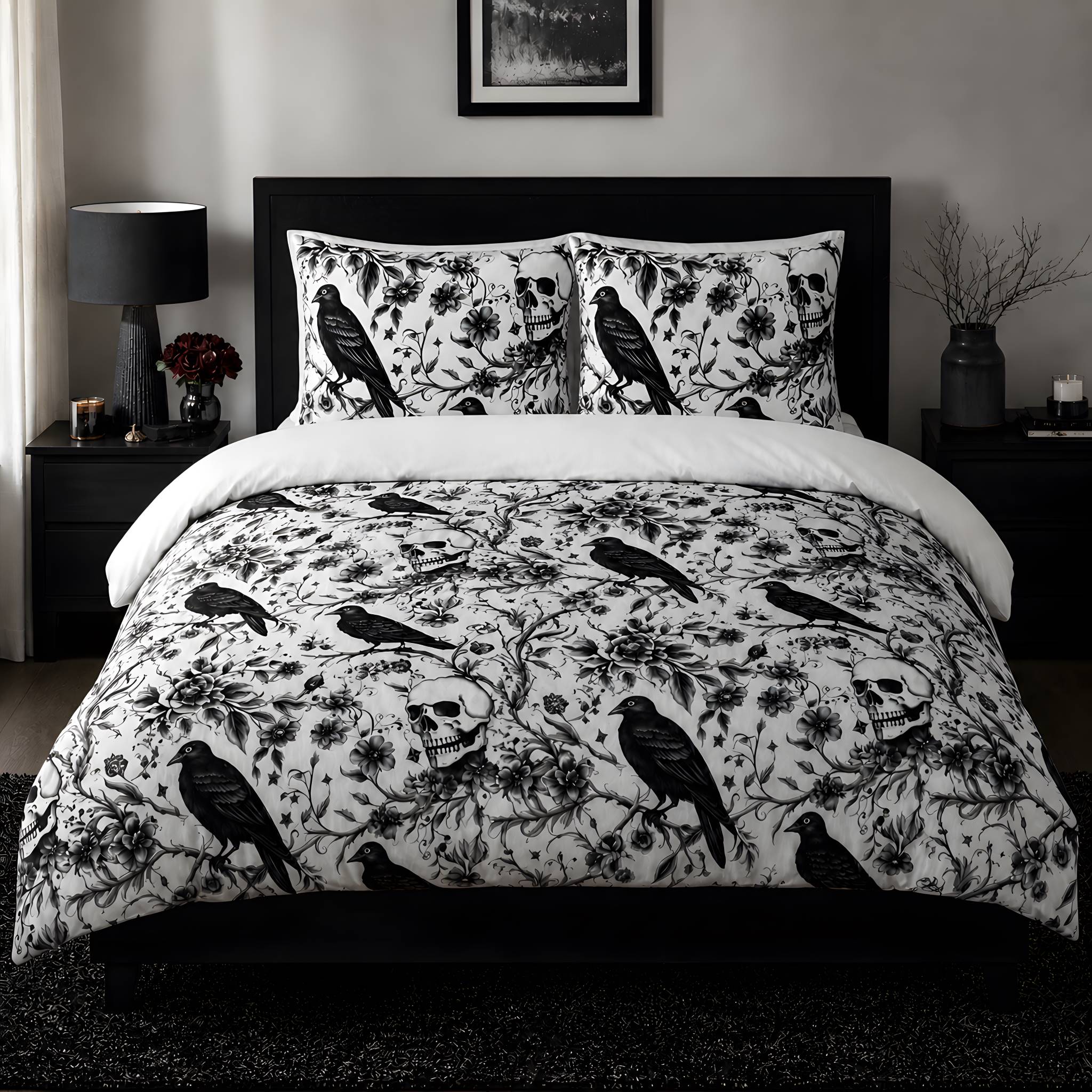 A gothic bedroom with elegant black and white raven duvet cover with matching skull pillow shams.