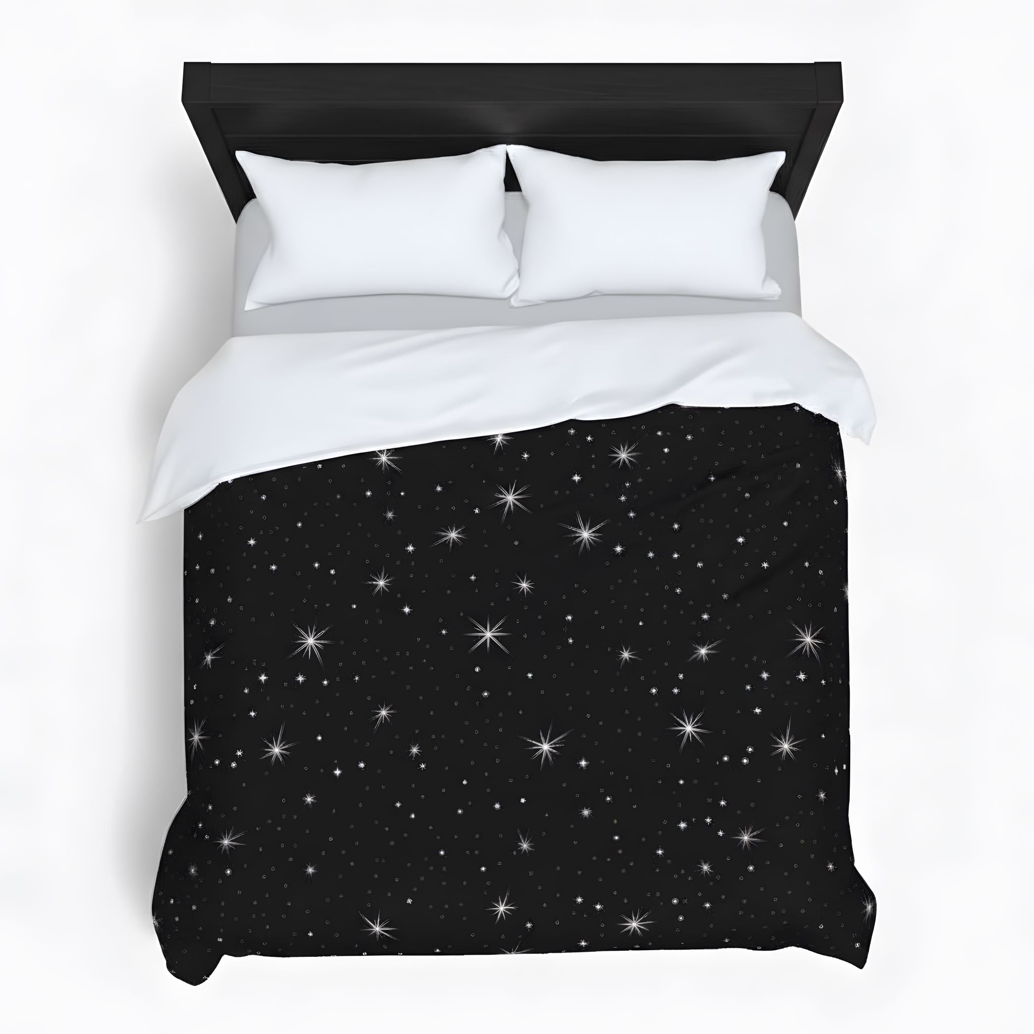 Flat lay of black and white star duvet cover.