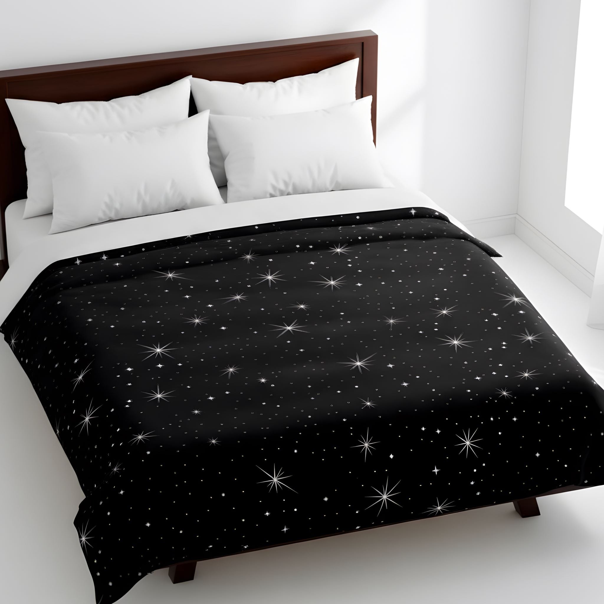 Star duvet cover in black and white colors on a wooden bed frame.