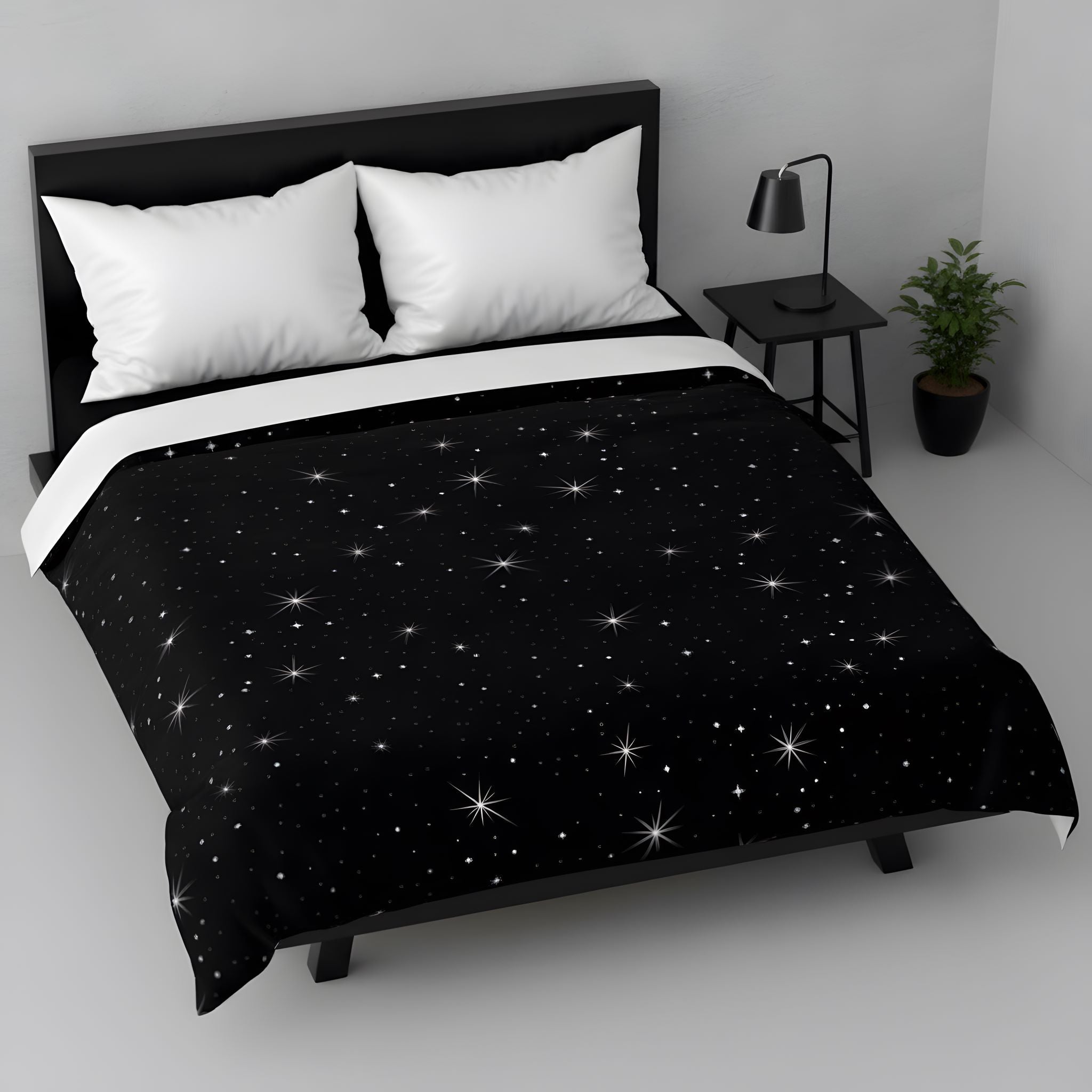 Starry night duvet cover on a black bed in a cozy bedroom.