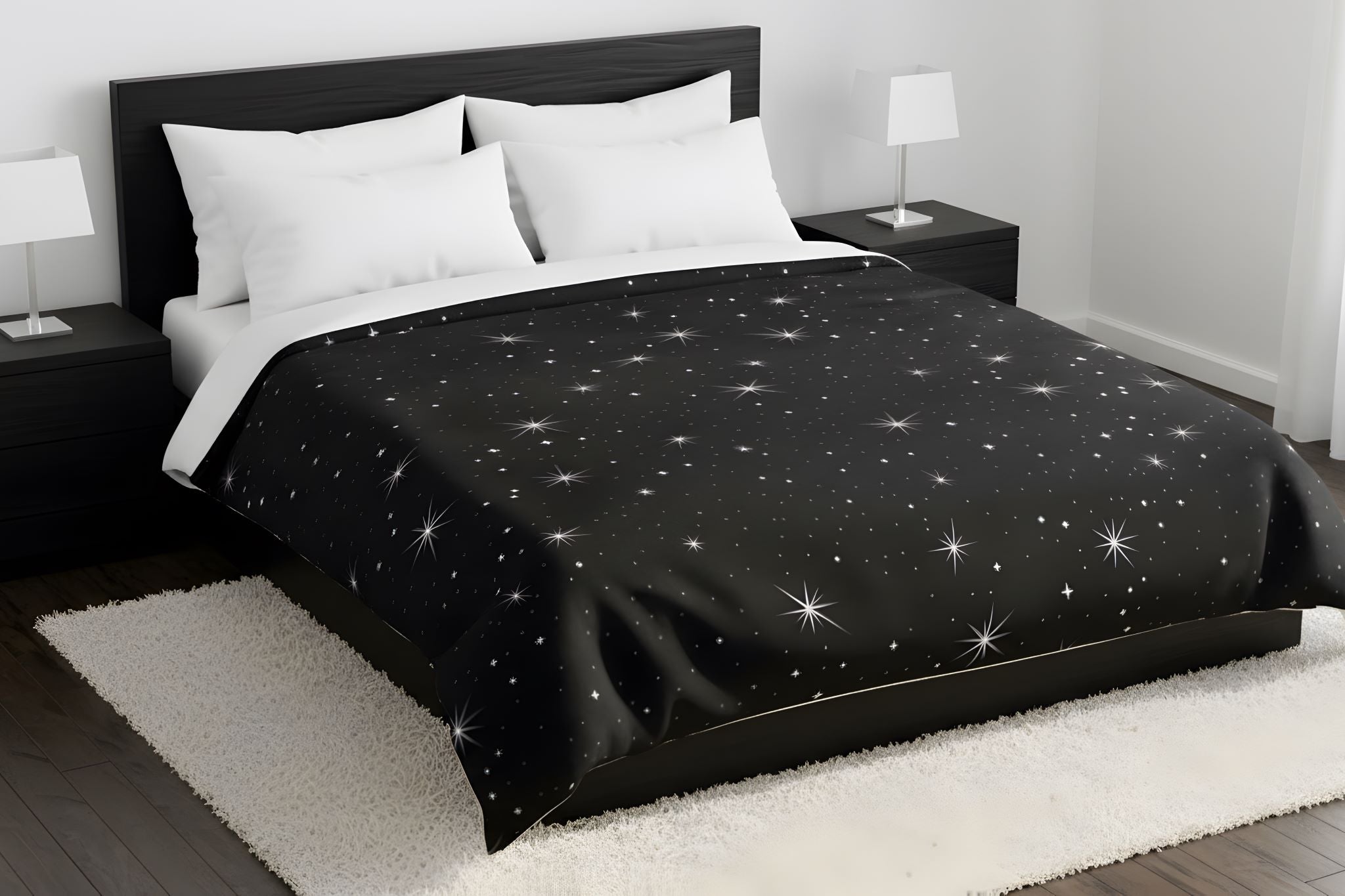 A modern bedroom with a black duvet cover and white stars.