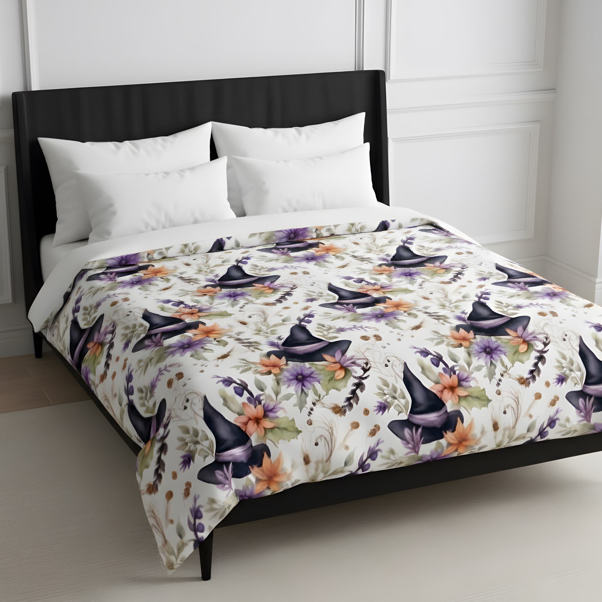 Whimsigoth Halloween duvet cover with witch hats, florals, and black bed frame.
