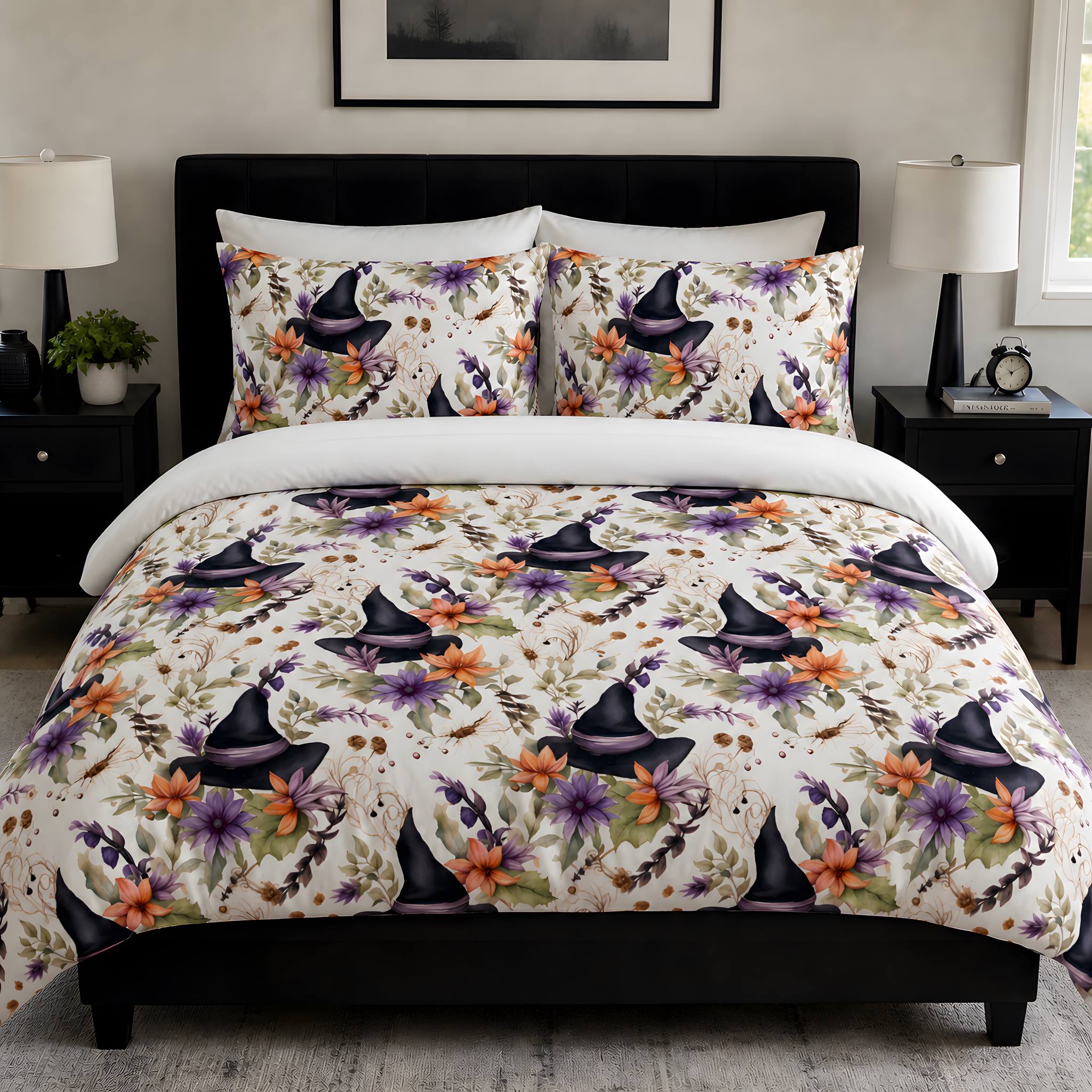 Whimsigoth witch hat duvet cover with matching pillow shams.