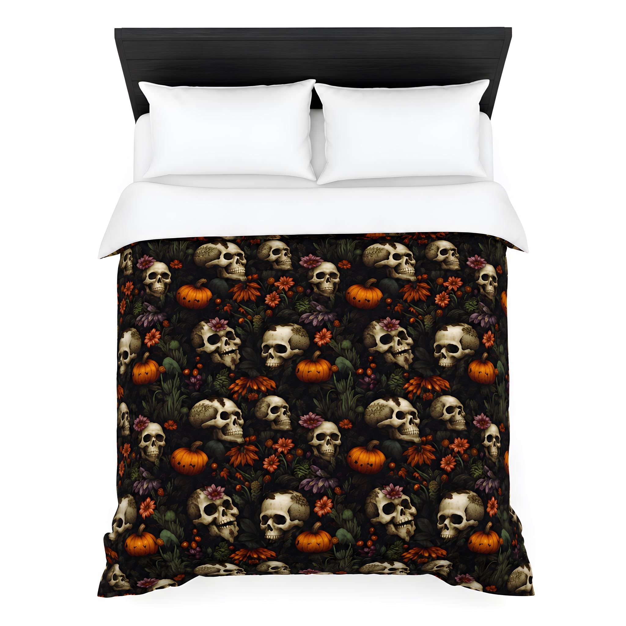 Gothic fall duvet cover with skull artwork, pumpkins, berries, and dark florals.