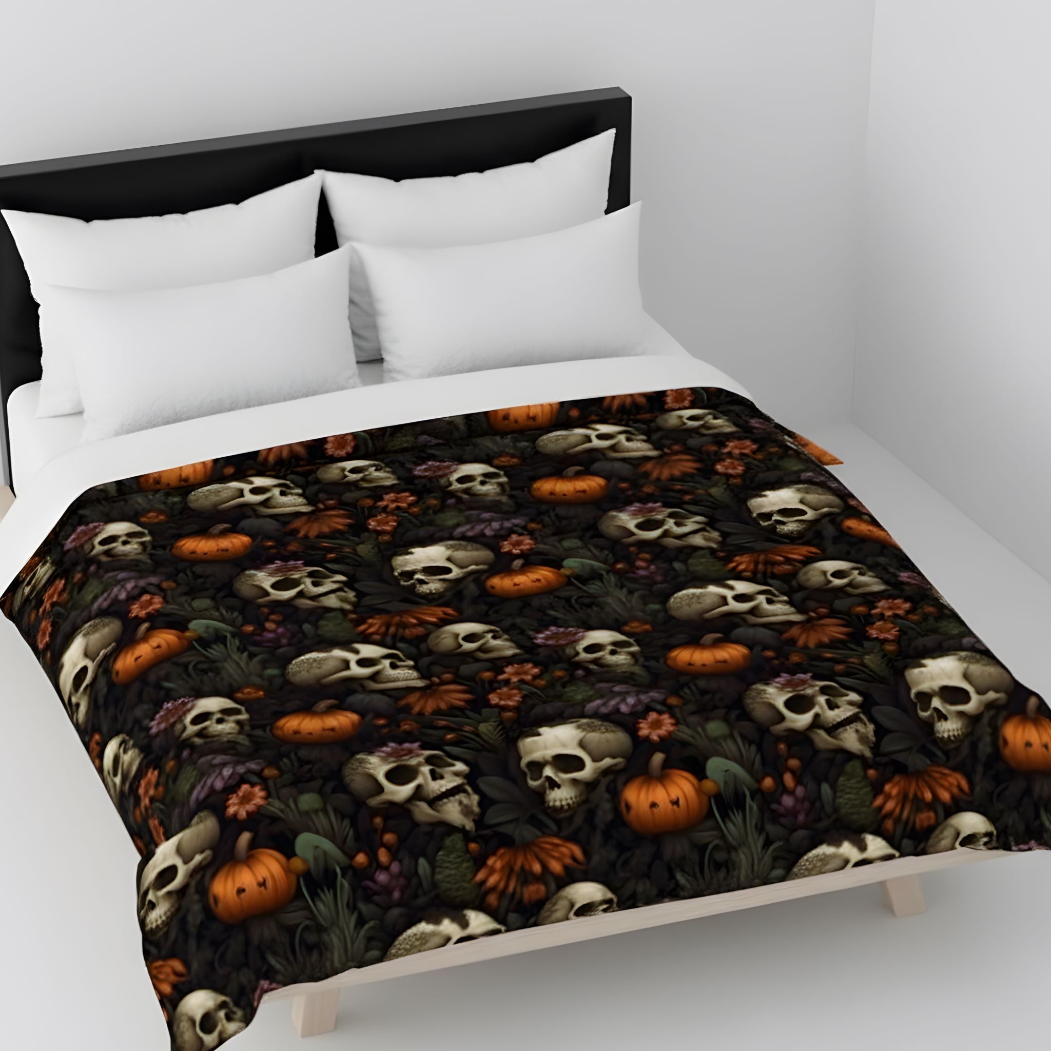 Skull pumpkin duvet cover with Gothic Halloween florals on black cotton bedding.