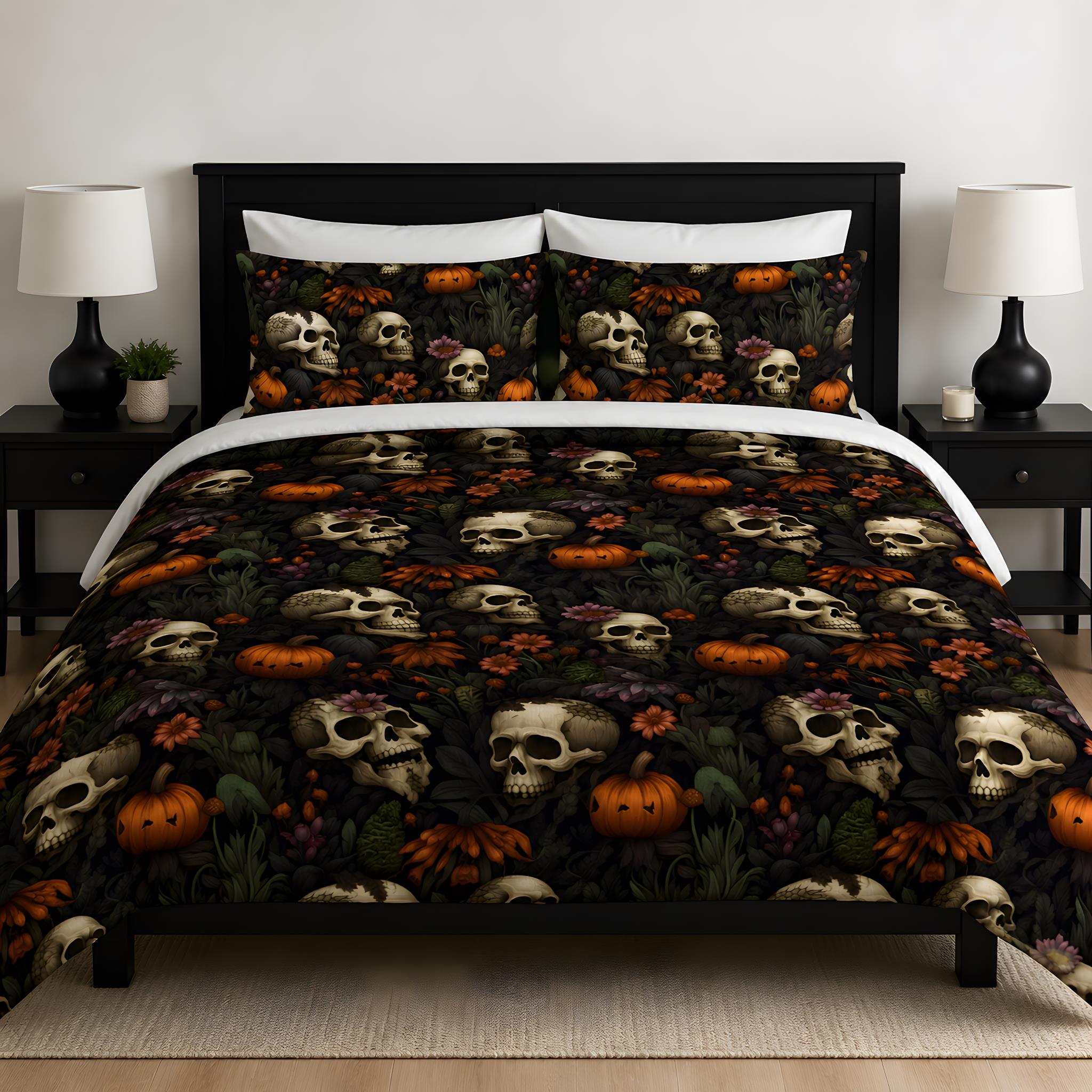 Gothic Halloween duvet cover with skulls, pumpkins, orange flowers, and dark greenery.