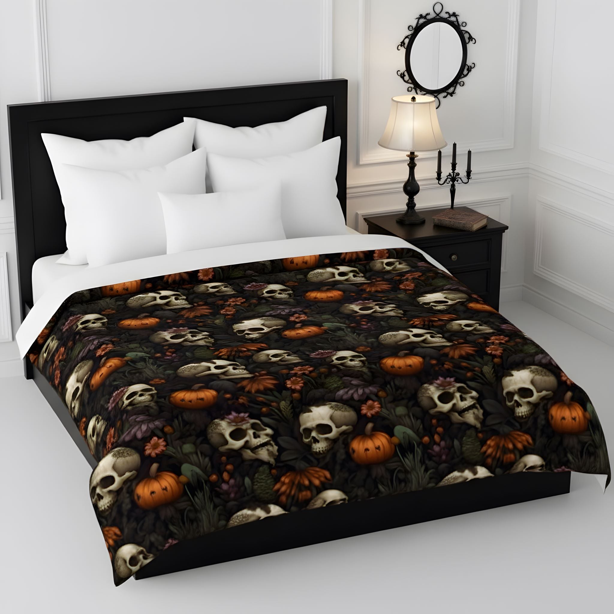 Pumpkin and skull duvet cover with a Halloween theme for a spooky season bedroom.