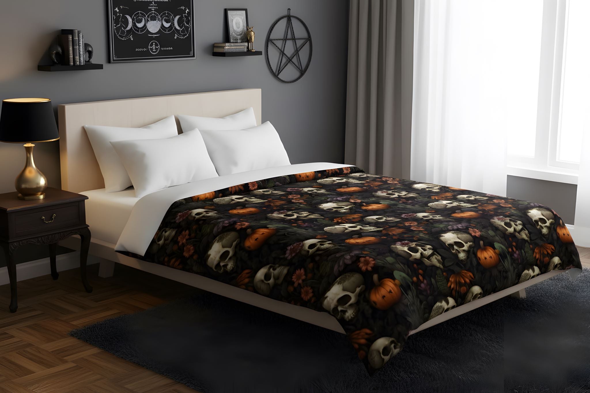 Spooky season Halloween duvet cover with pumpkins, flowers and skulls.