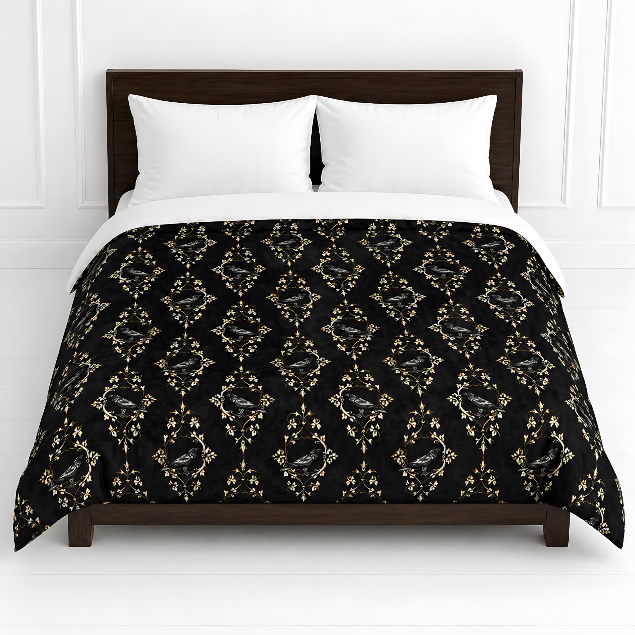 Black Raven with antique gold ornate pattern on a duvet cover.