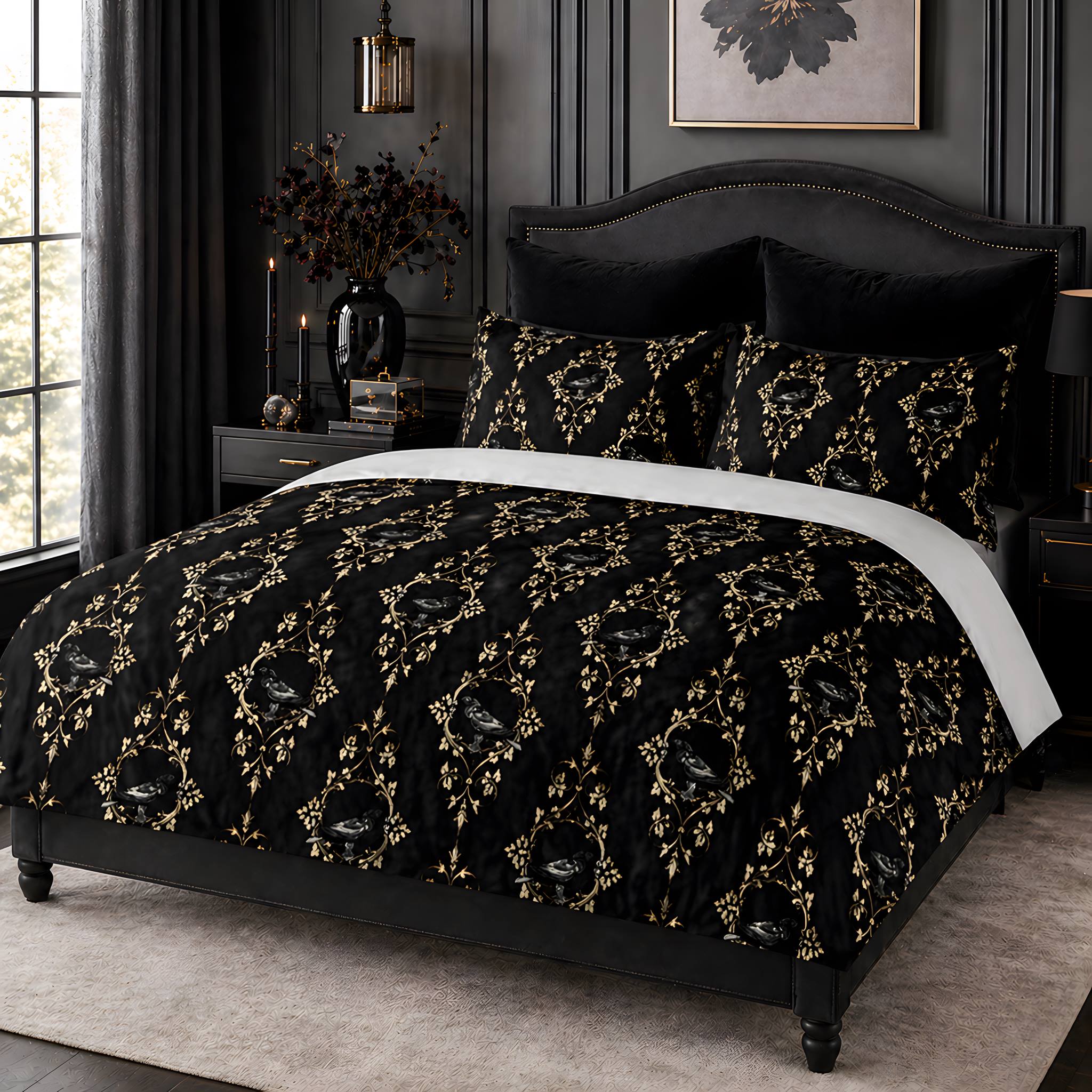 A victorian gothic bedroom with a black raven and gold antique charm bedding.