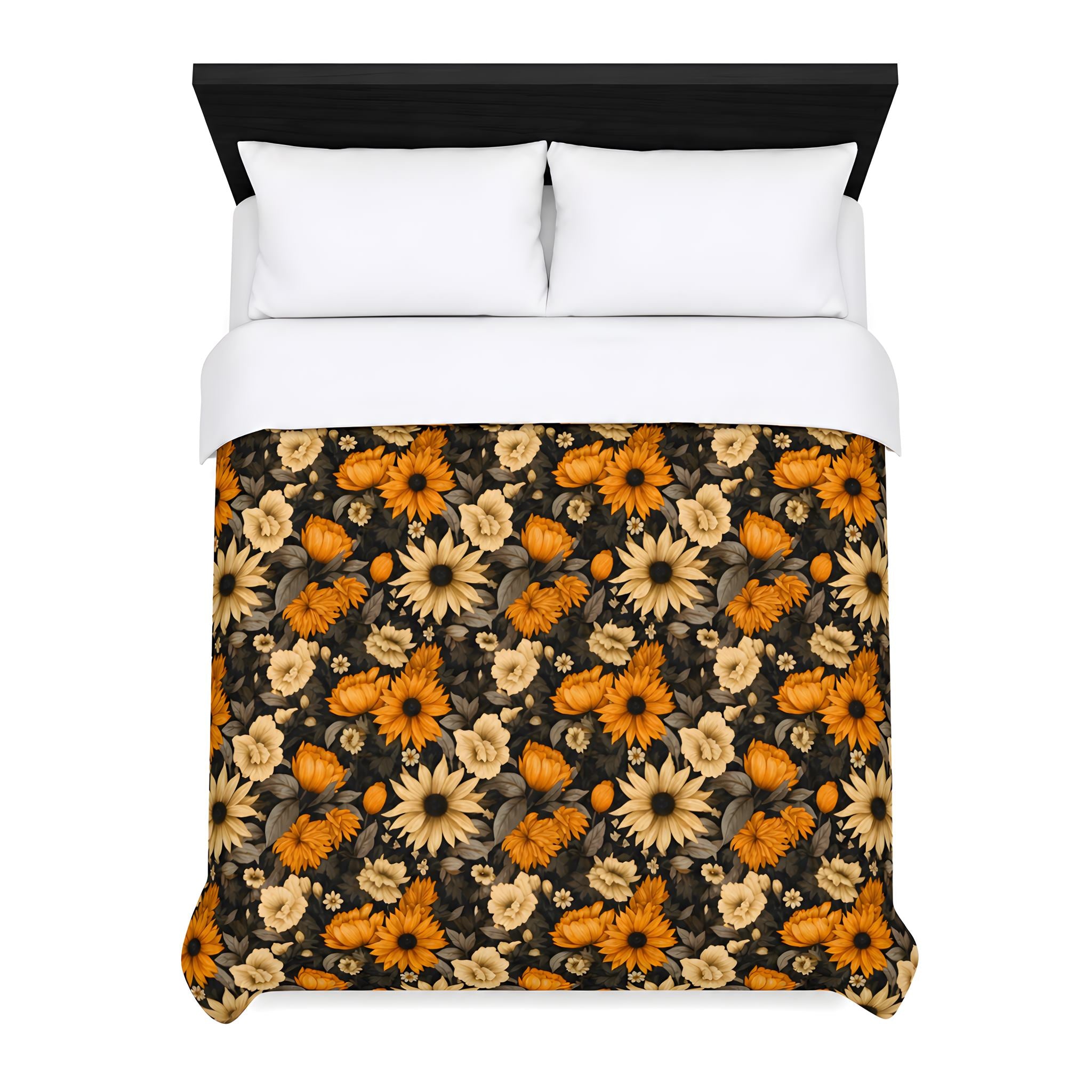 Flat lay view of a sunflower duvet cover on a queen bed.