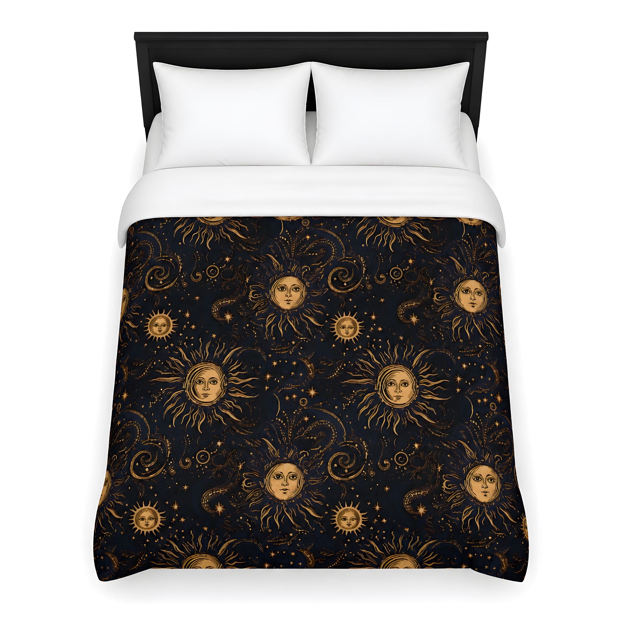 Whimsigoth celestial duvet cover with gold sun and moon print on black cotton bedding