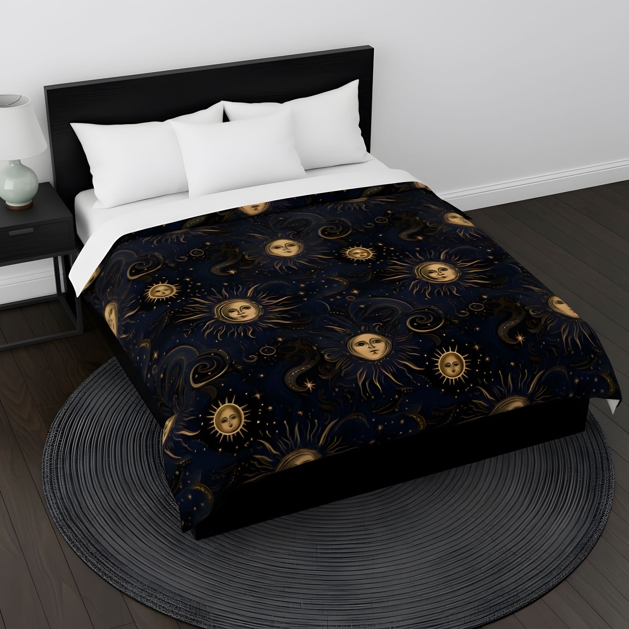 Gold celestial duvet cover with sun and moon artwork in a dark bedroom.
