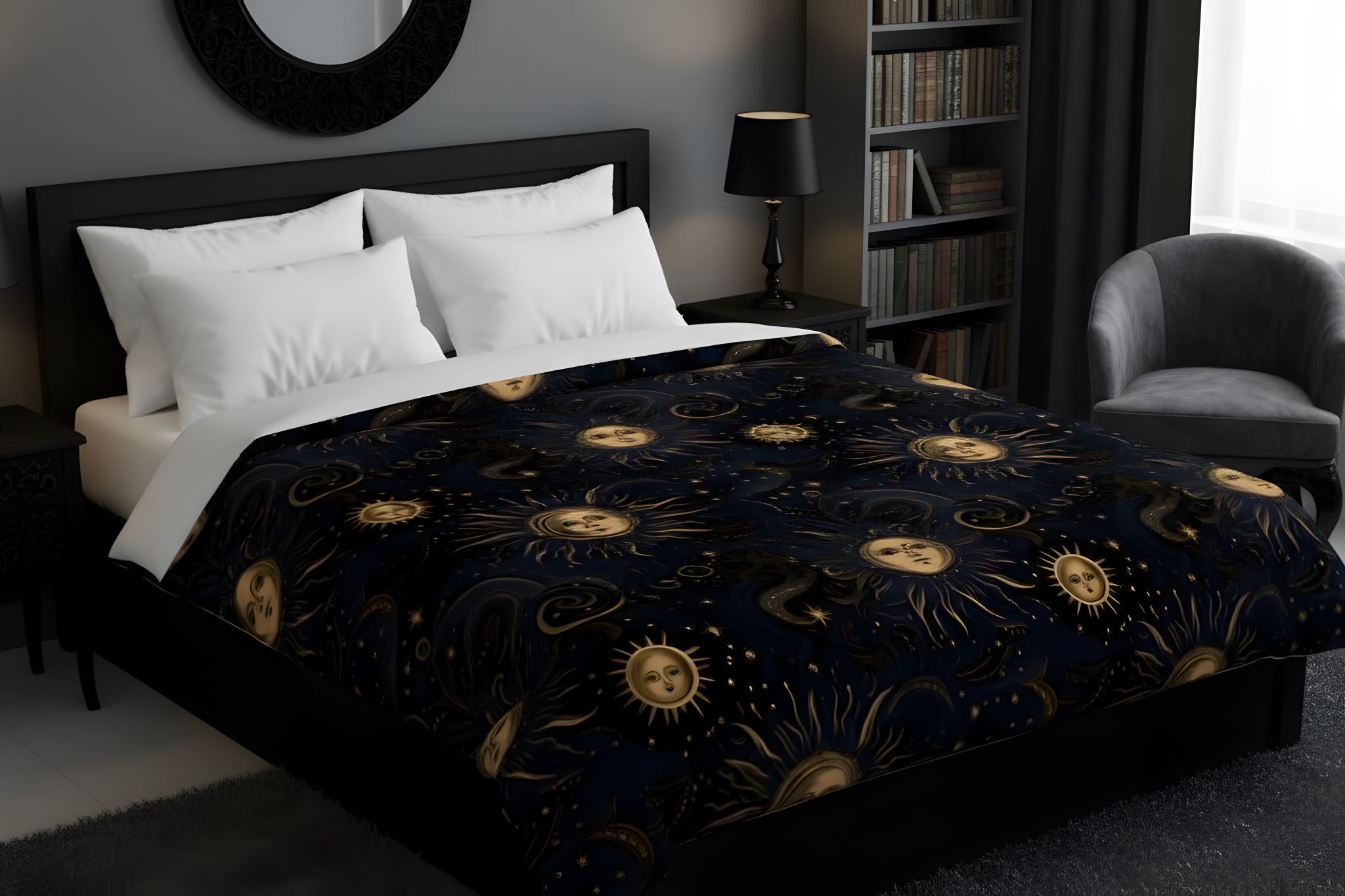 Dark celestial duvet cover with gold sun and moon print in a gothic bedroom.